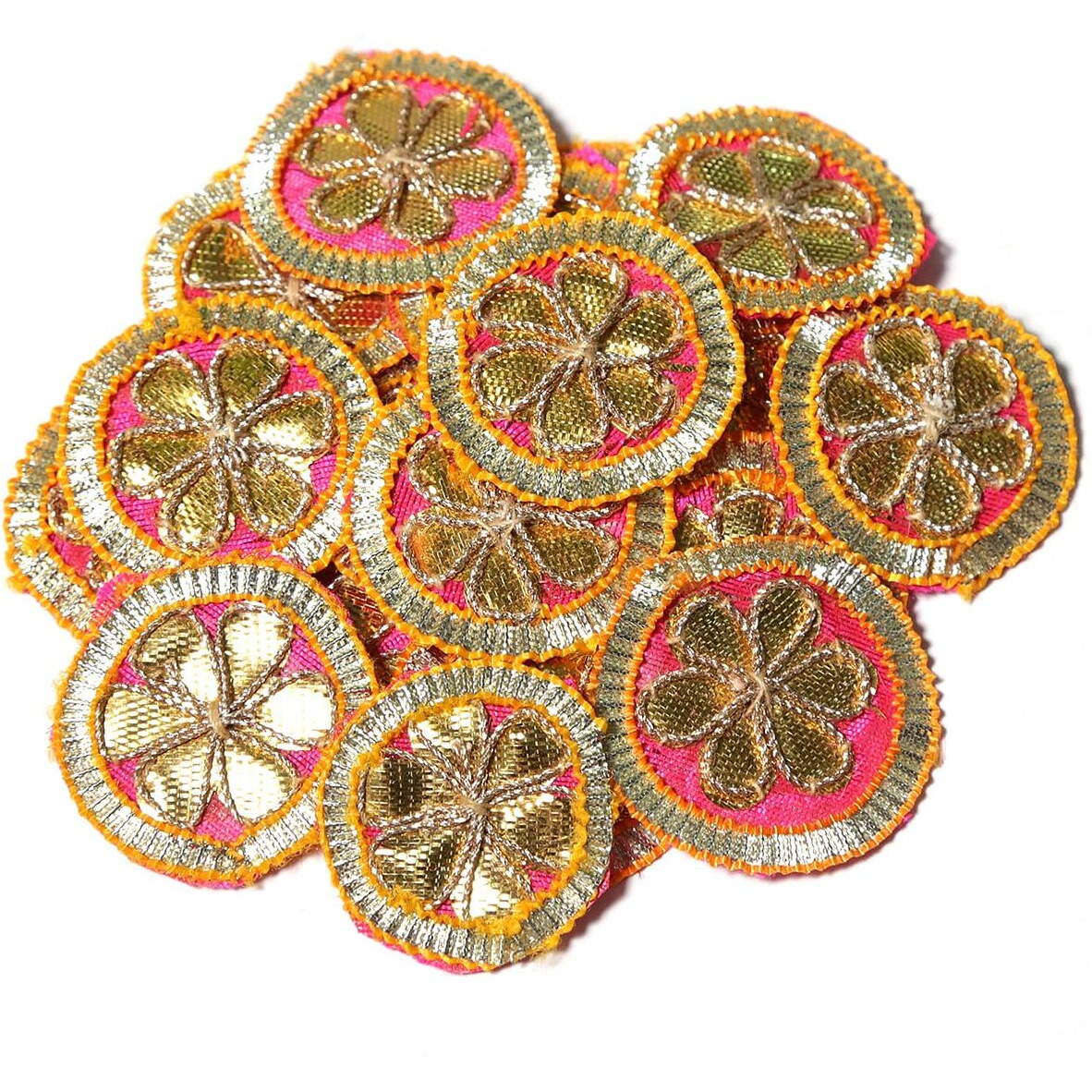 Embroiderymaterial Gota Patti Flowers Embroidery Patches For Clothes, Applique Patches For Embroidery Work, Gota Flowers For Decoration, Crafts & Flowers For Dress Designing (20 Pieces, Gold & Magenta, 3.2 Cm)