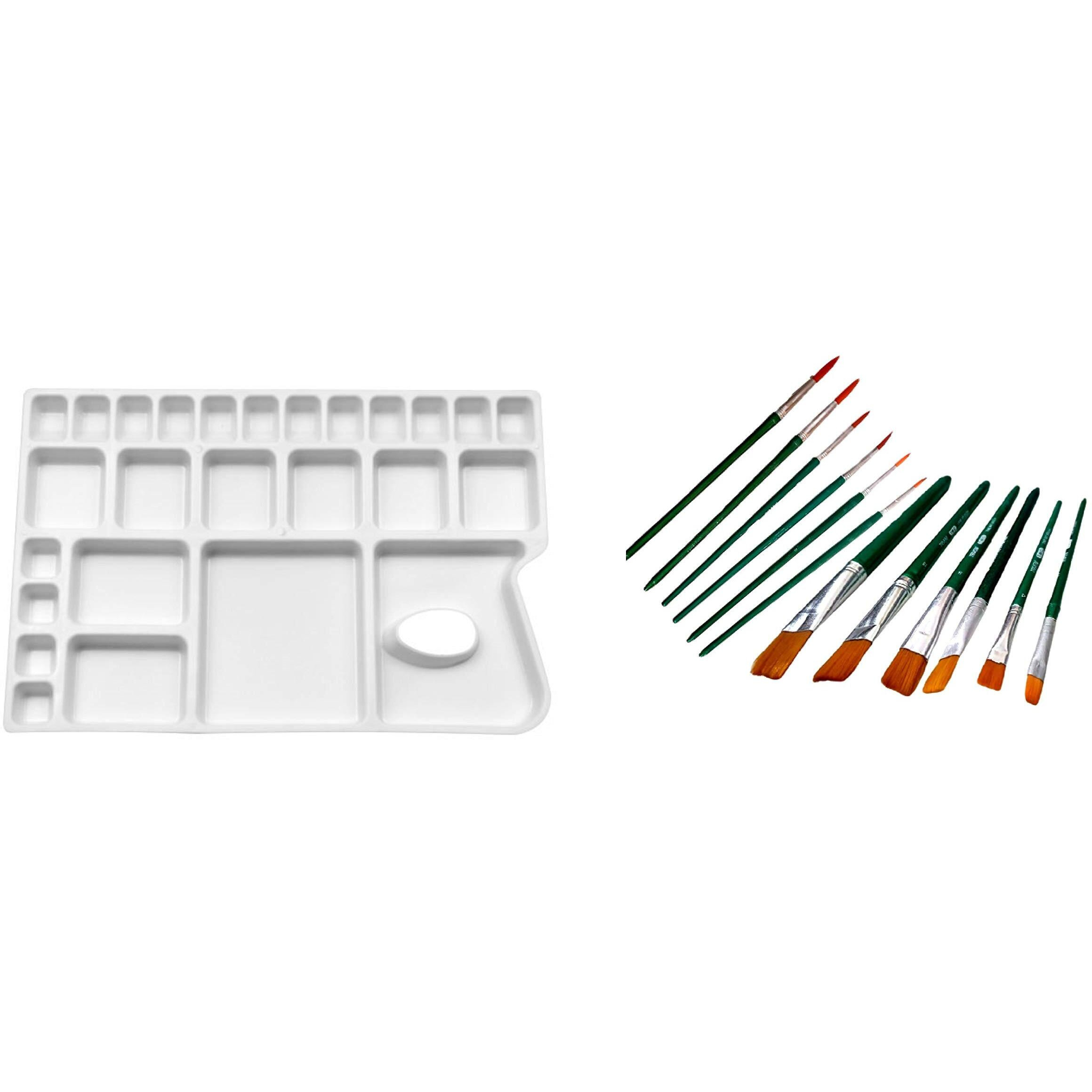 Khyati Rectangle Big Mixing Colour Palette/Plate (16 Colour Compartments, 8 Mixing Compartments, 2 Water Storing Compartments) With Willson Artist Round And Flat Paint Brushes (Set Of 12)