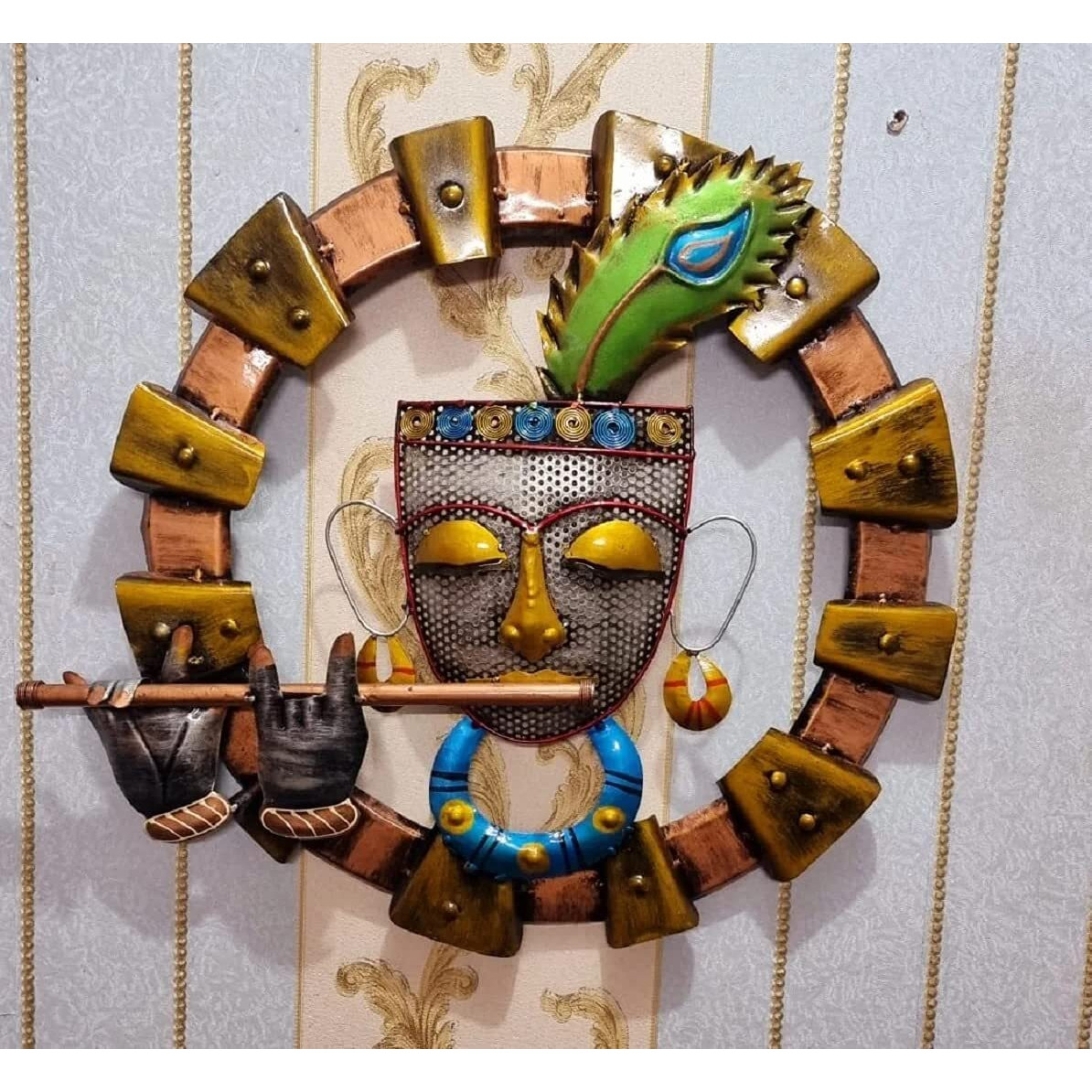 Anshika International Vintage Krishna Flute Metal Wall Art Frame, Wall Hangings For Home Decoration, Wall Sculpture For Living Room, Wall Hanging Decorative Items (Size 23X23 In)