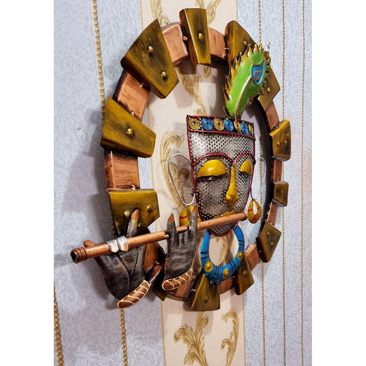 Anshika International Vintage Krishna Flute Metal Wall Art Frame, Wall Hangings For Home Decoration, Wall Sculpture For Living Room, Wall Hanging Decorative Items (Size 23X23 In)