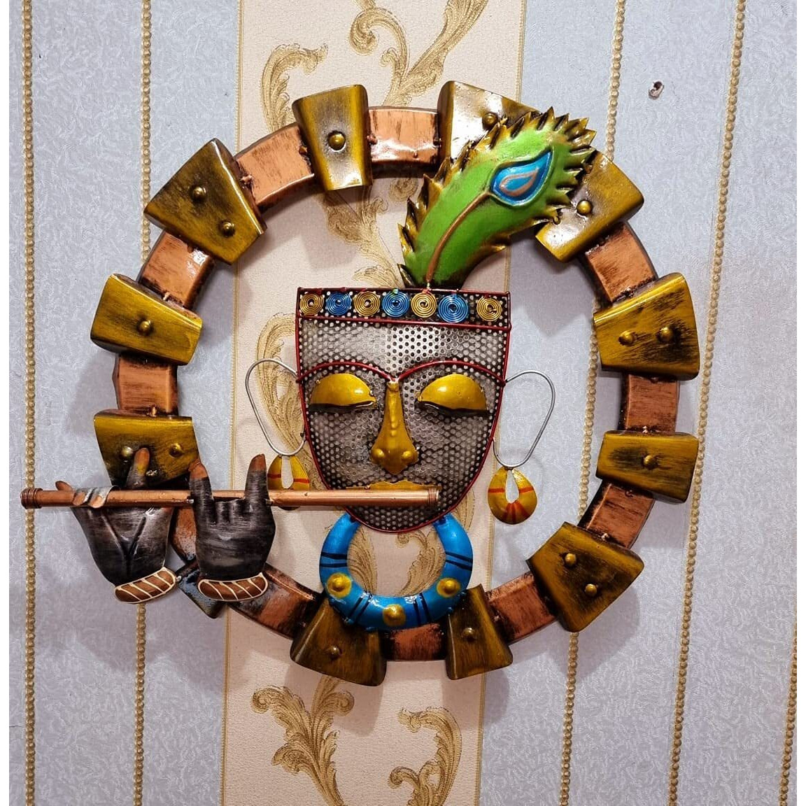 Anshika International Vintage Krishna Flute Metal Wall Art Frame, Wall Hangings For Home Decoration, Wall Sculpture For Living Room, Wall Hanging Decorative Items (Size 23X23 In)