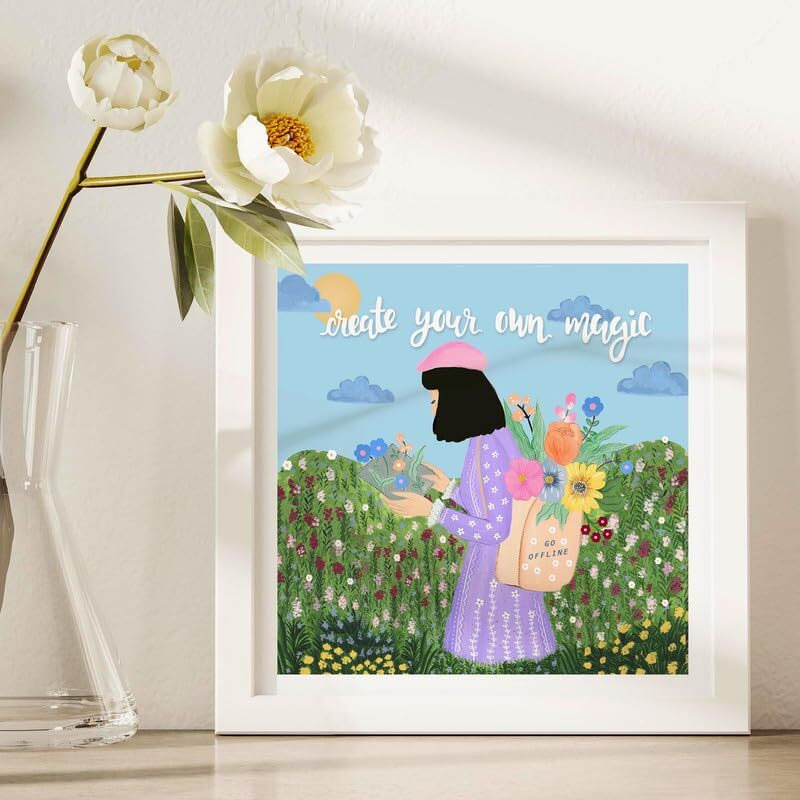 The Spring Palette | Create Your Own Magic - Modern Wall Painting | Self Love Theme | Modern Art Painting For Living Room Bed Room And Office | 10 X 10 Inches, White Frame