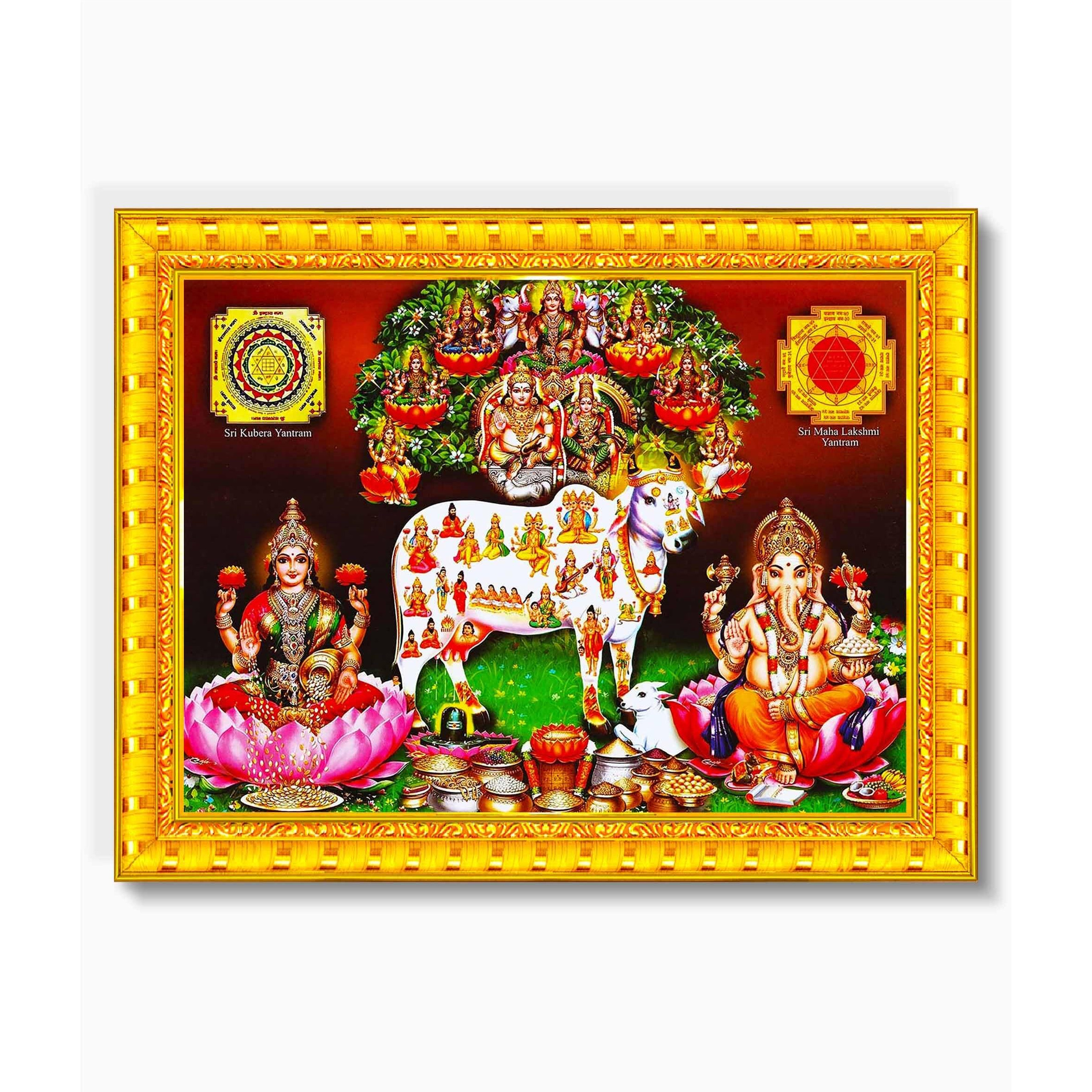 Pavan Photo Laminations Lakshmi Kubera Ganesha Laxmi Devi Yantra Wall Painting Framed Home Decor (Wood,Matte,Gold,Big Size,10 X 12 Inch) R338M