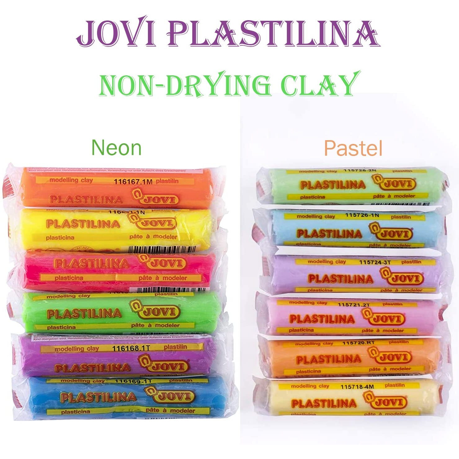 Jovi Plastilina Modelling Clay - 6 Neon & 6 Pastel Colours Non-Drying Clay Of 15 Grams Each Art & Craft Fine Motor Skills Moulding Project Work With Dough