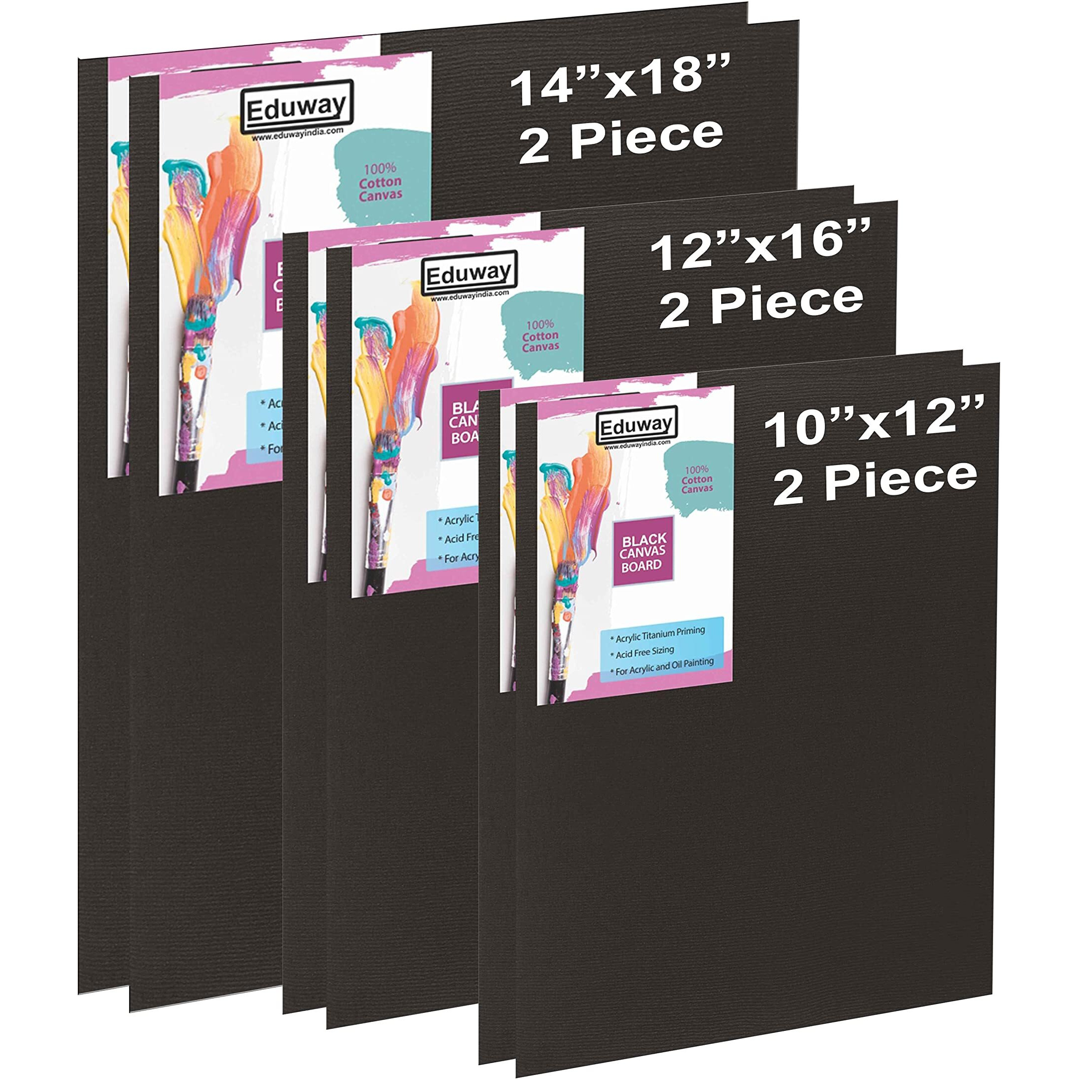 Eduway Medium Grain 10X12, 12X16, 14X18 Inch Cotton Black Canvas Board (Each 2 Pieces) With 4Mm Mdf Board Backing, For Painting-(Pack Of 6)