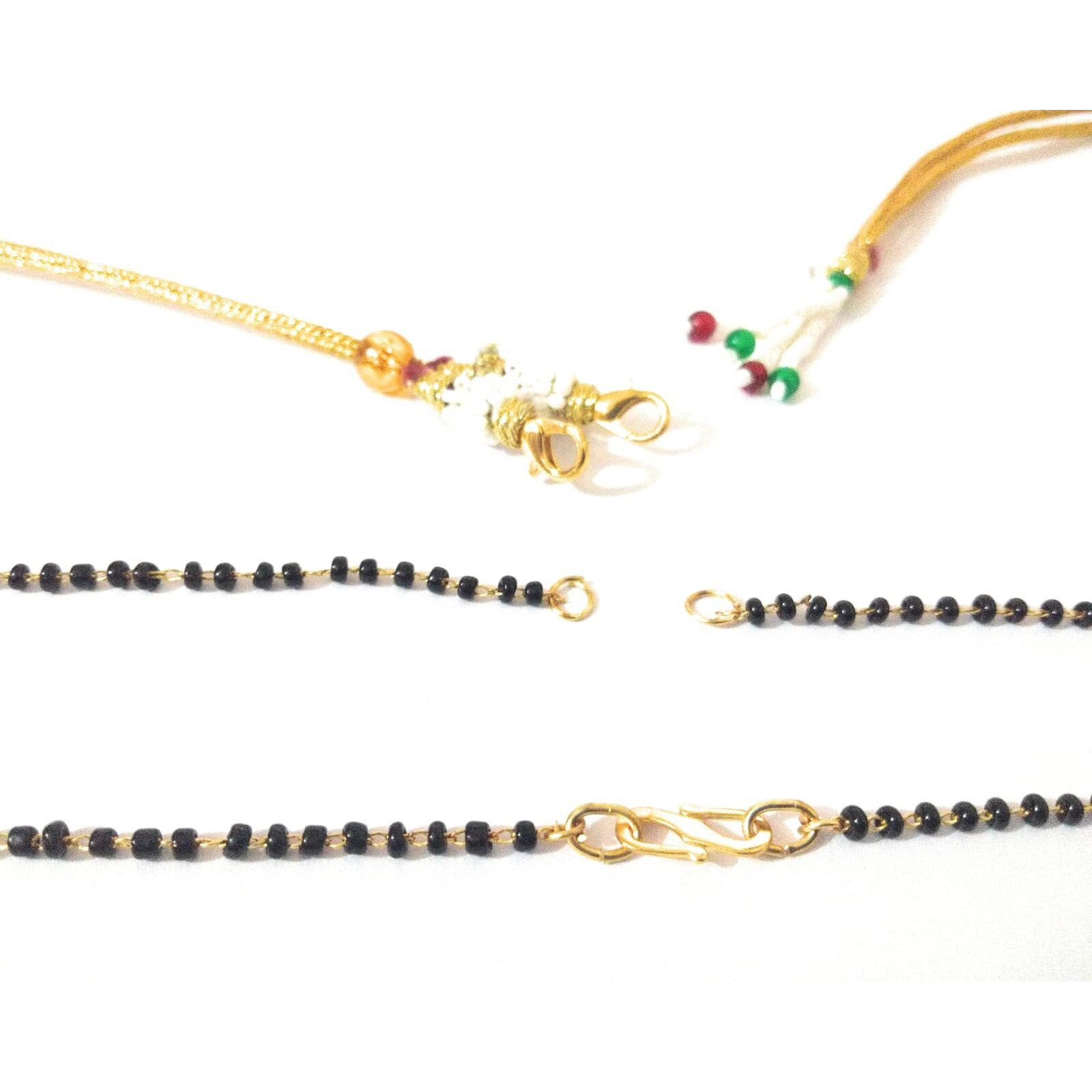 Sharalle Combo Of 2 String Of Jewelery Making Gold Plated With Black Beads Mangalsutra String/Mangalsootra Chain -18" With 2 Adjustable Zari Thread Back Ropes For Necklacewith Hook And Tassels 2+2 4