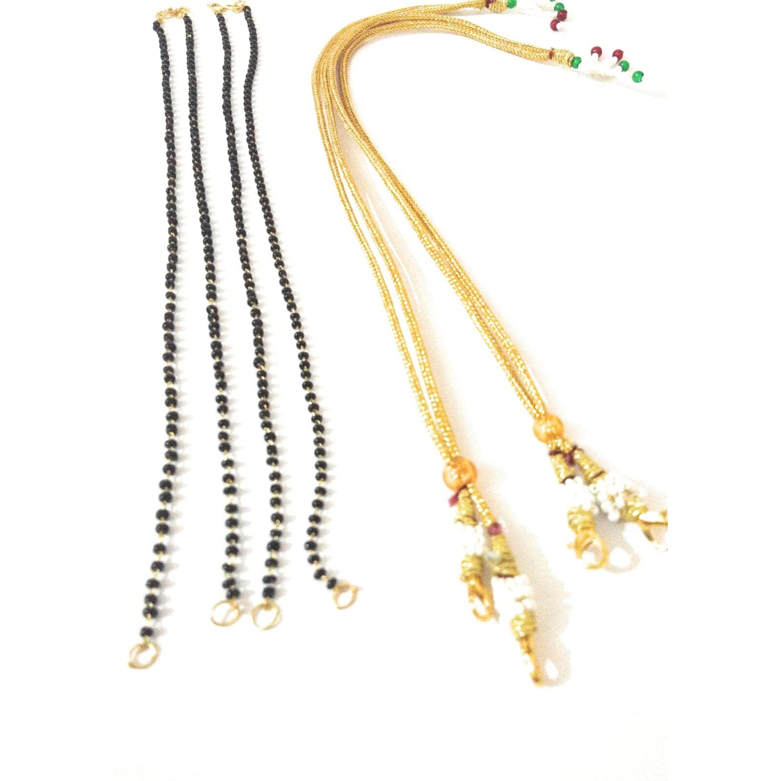 Sharalle Combo Of 2 String Of Jewelery Making Gold Plated With Black Beads Mangalsutra String/Mangalsootra Chain -18" With 2 Adjustable Zari Thread Back Ropes For Necklacewith Hook And Tassels 2+2 4