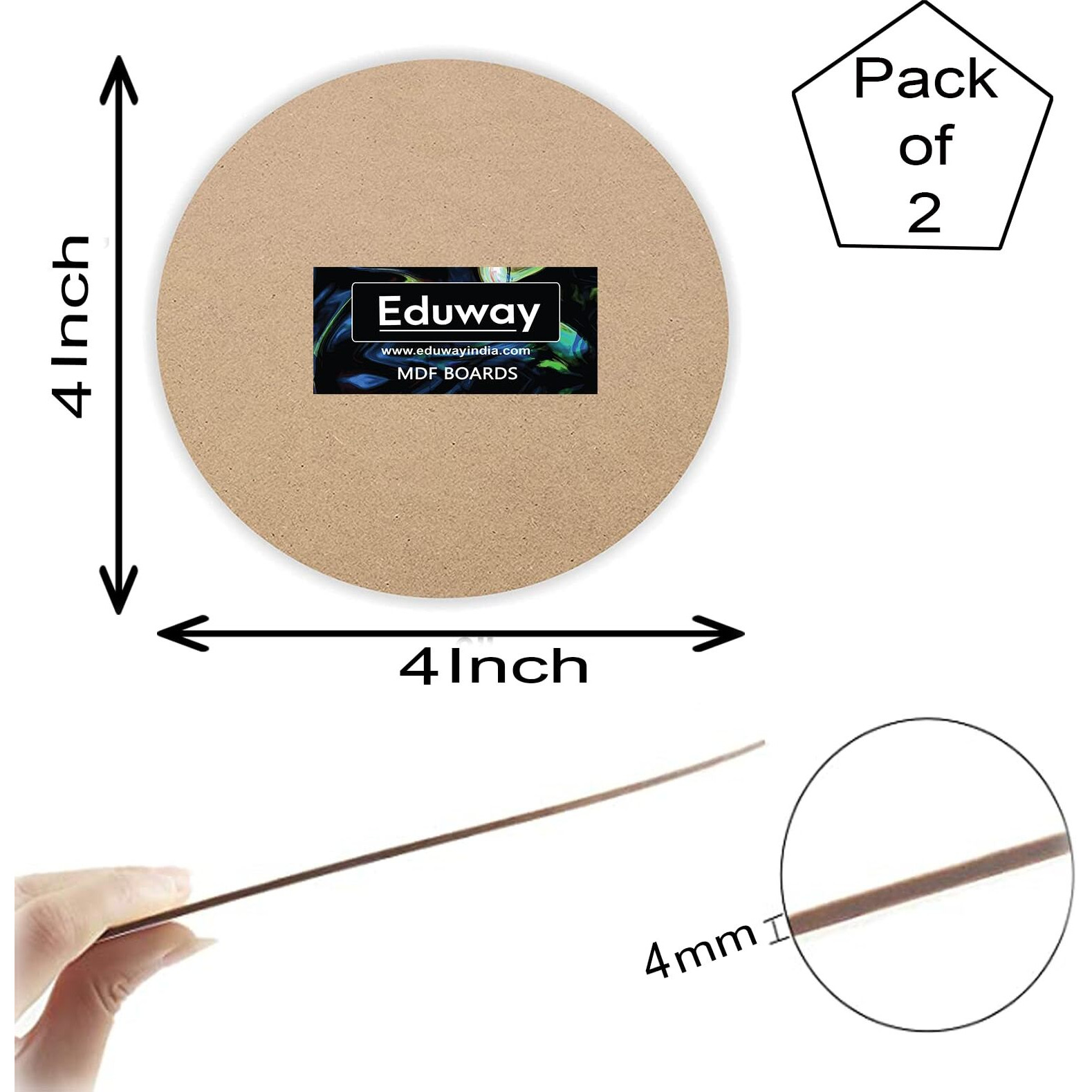Eduway 4 Inch Round Mdf Board For Mandala, Lippan, Resin Art & Craft, 4Mm Thick,Pof 2 Premium Cardboard Material For Artists, Art & Craft - Hard Cutout In Small And Large Sizes (10X10 Cms)
