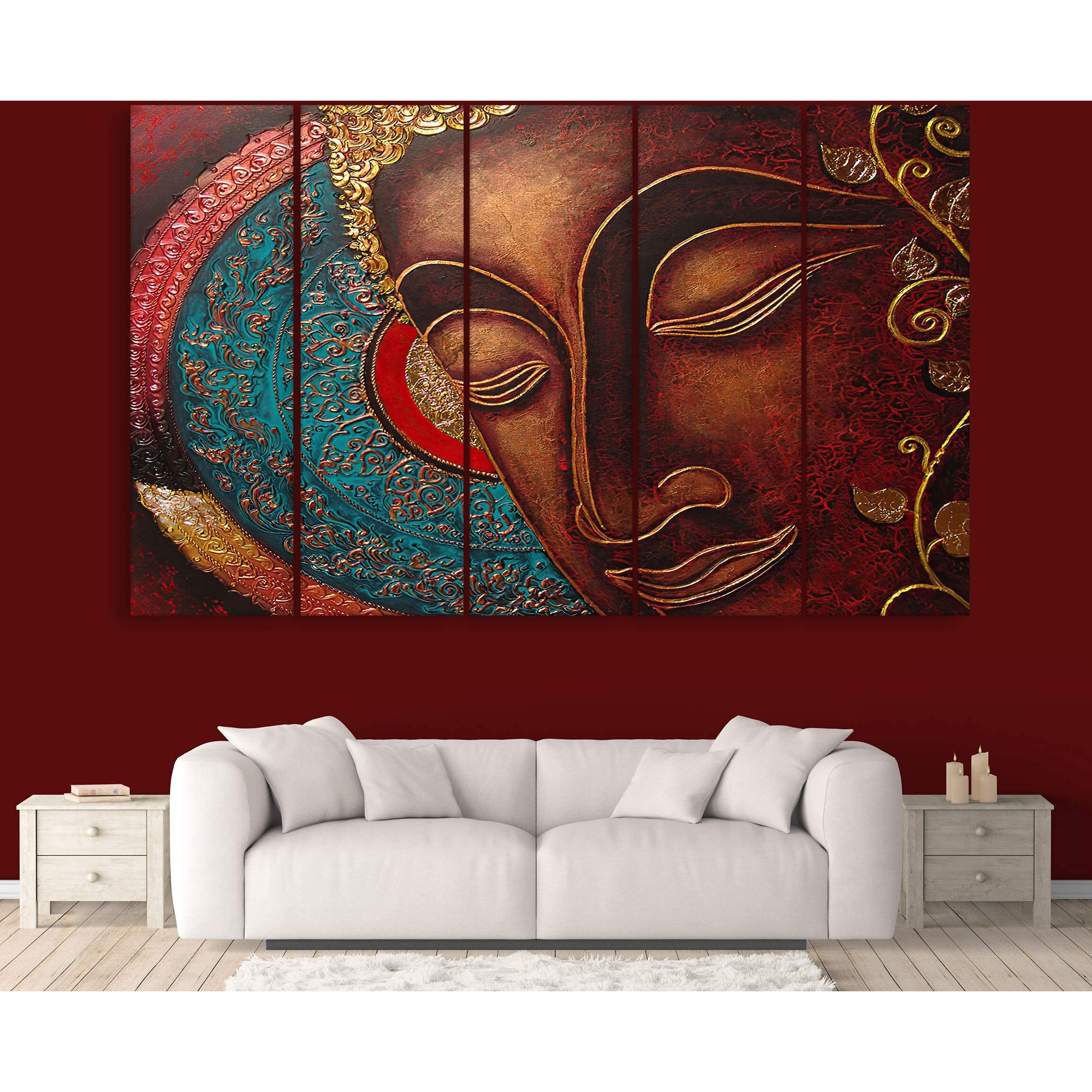 Inephos Multiple Frames Wooden Religious Beautiful Buddha Wall Painting, Red And Golden (50 Inches X 30 Inches)
