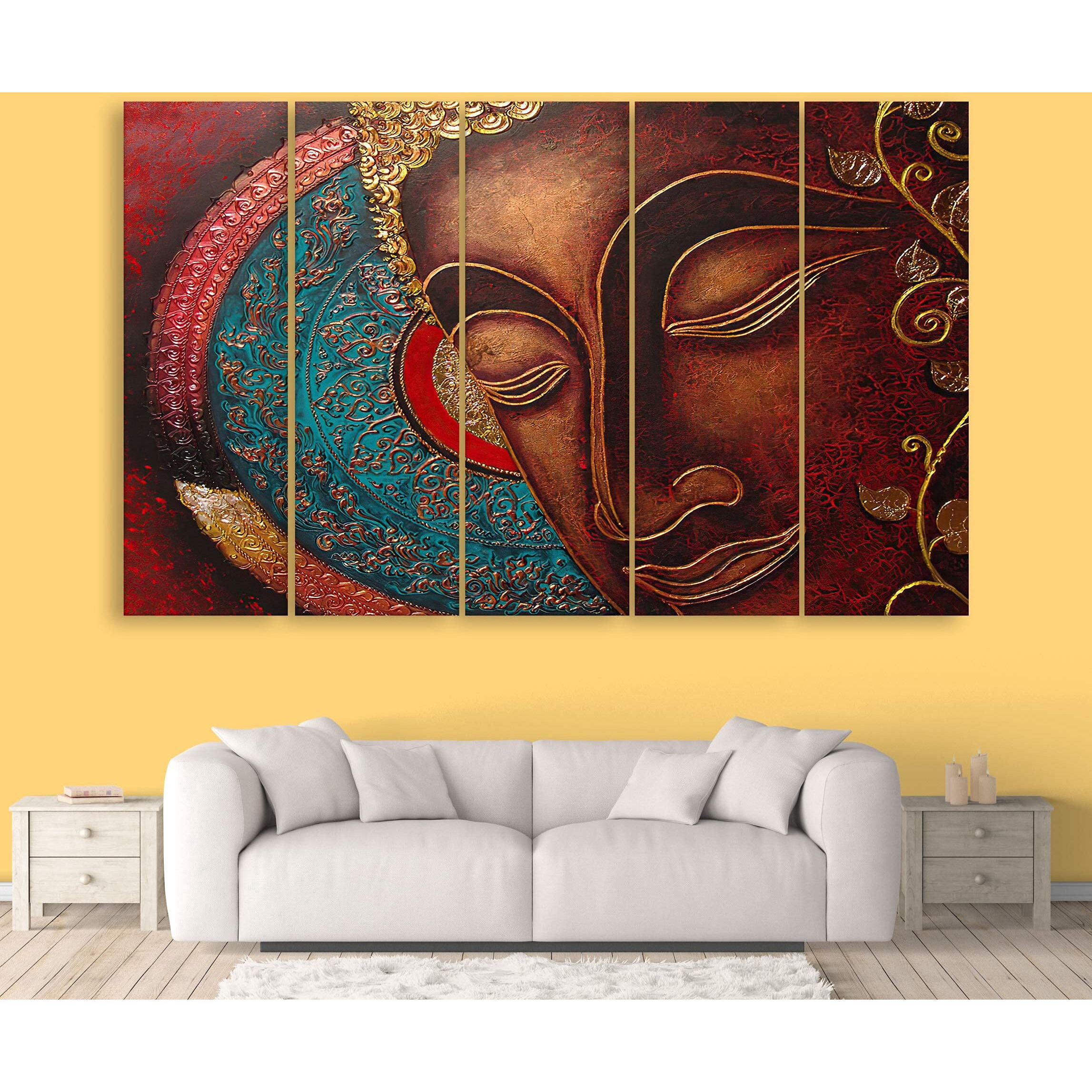 Inephos Multiple Frames Wooden Religious Beautiful Buddha Wall Painting, Red And Golden (50 Inches X 30 Inches)
