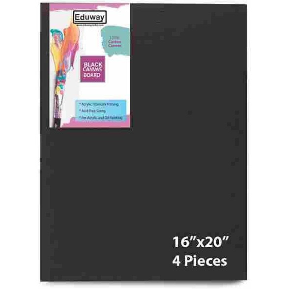 Eduway Black Canvas Board For Painting- 16X20 Pof 4 | Premium Quality 7Oz Pre-Primed Cotton Black Canvas Board For Artists | Ideal For Acrylic, Oil, Gouache, Pastels Colors (Pof 4) (40X50 Cms)
