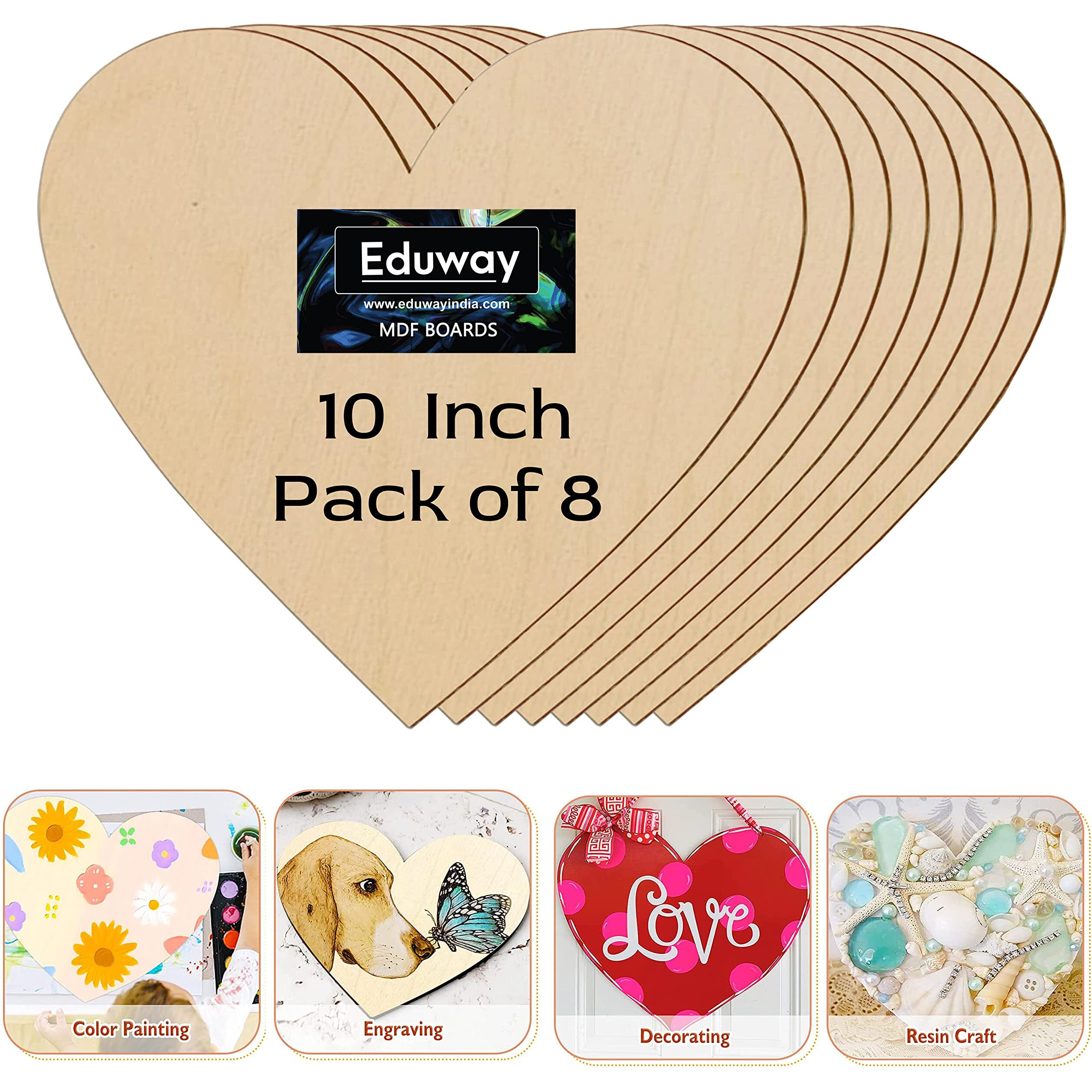 Eduway A2 Heart Mdf Board Wood Sheet For Craft Art - 10X10 Inch, 4Mm Thick, Pack Of 8 - Premium Pine Cardboard For Artists, Art And Craft Students - Hard Cutout In Small And Large Sizes (25X25 Cms)