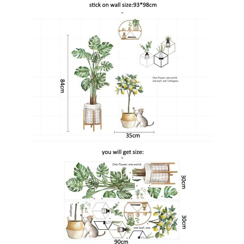 Indian Royals Green Leaves With Tropical Potted Plant Wall Art Decoration Pvc Vinyl Removable Wall Sticker (30 Cm X 90 Cm, 2Pcs)