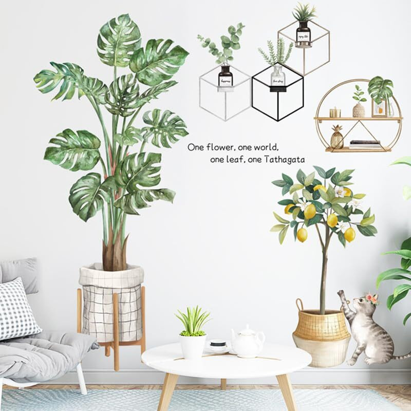 Indian Royals Green Leaves With Tropical Potted Plant Wall Art Decoration Pvc Vinyl Removable Wall Sticker (30 Cm X 90 Cm, 2Pcs)