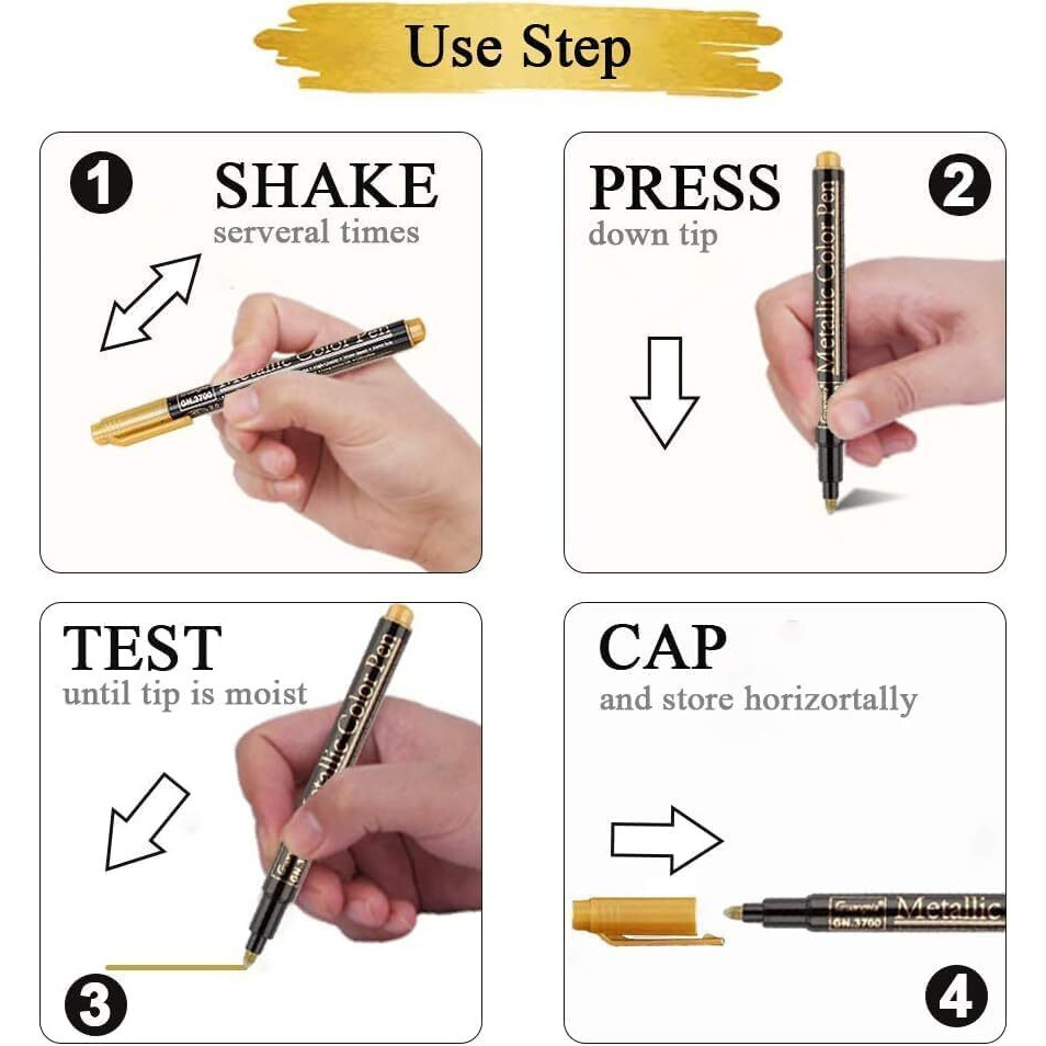 Shaktism Metallic Marker Pens, Golden Metalilic Colours, Permanent Art Marker Pen Set For Doodling, Cardmaking, Scrapbooking, Photo Album, Glass, Wood, Stone