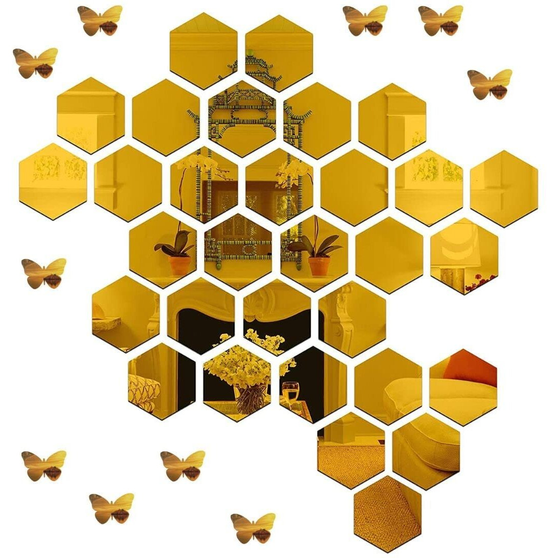 Device Of Mm -Meraki Mart Non Glass 3D 20 Wall Mirror With 10 Butterfly Acrylic Hexagon Shape Diy Wall Sticker Decor Self Adhesive Tiles Wall Decor Art For Home (Gold), Unframed