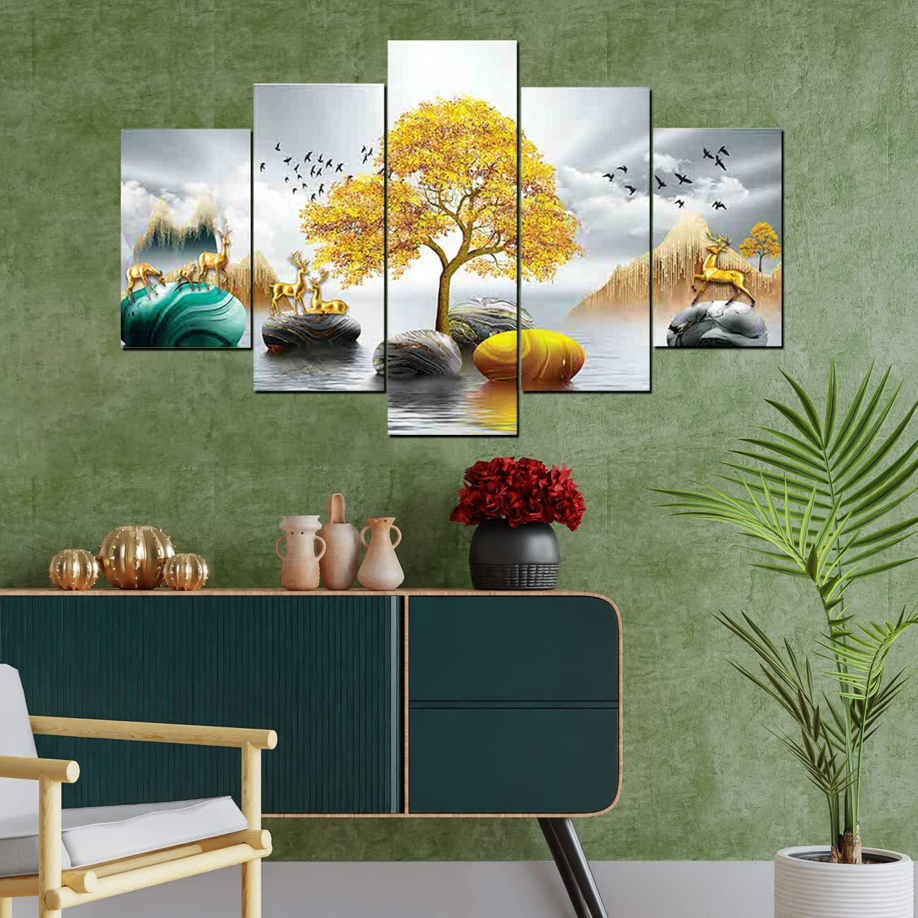 Perpetual Deer Paintings For Wall Decoration - Set Of Five, 3D Scenery Vastu Wall Painting For Living Room Large Size With Frames For Wall Decor And Home Decoration, Hotel, Office (75 Cm X 43 Cm) D3H