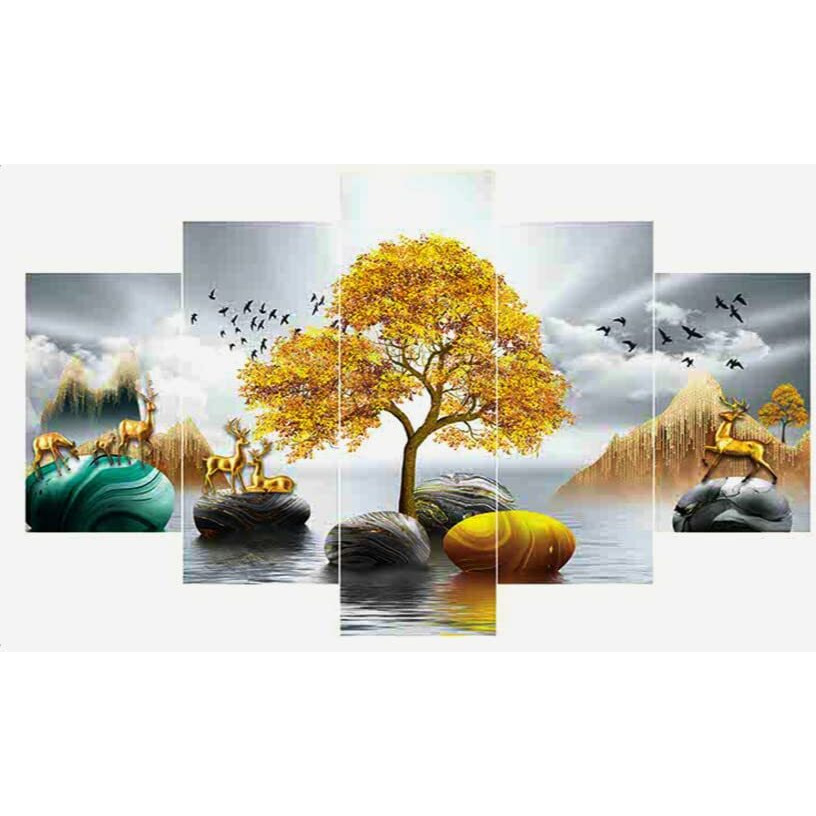 Perpetual Deer Paintings For Wall Decoration - Set Of Five, 3D Scenery Vastu Wall Painting For Living Room Large Size With Frames For Wall Decor And Home Decoration, Hotel, Office (75 Cm X 43 Cm) D3H