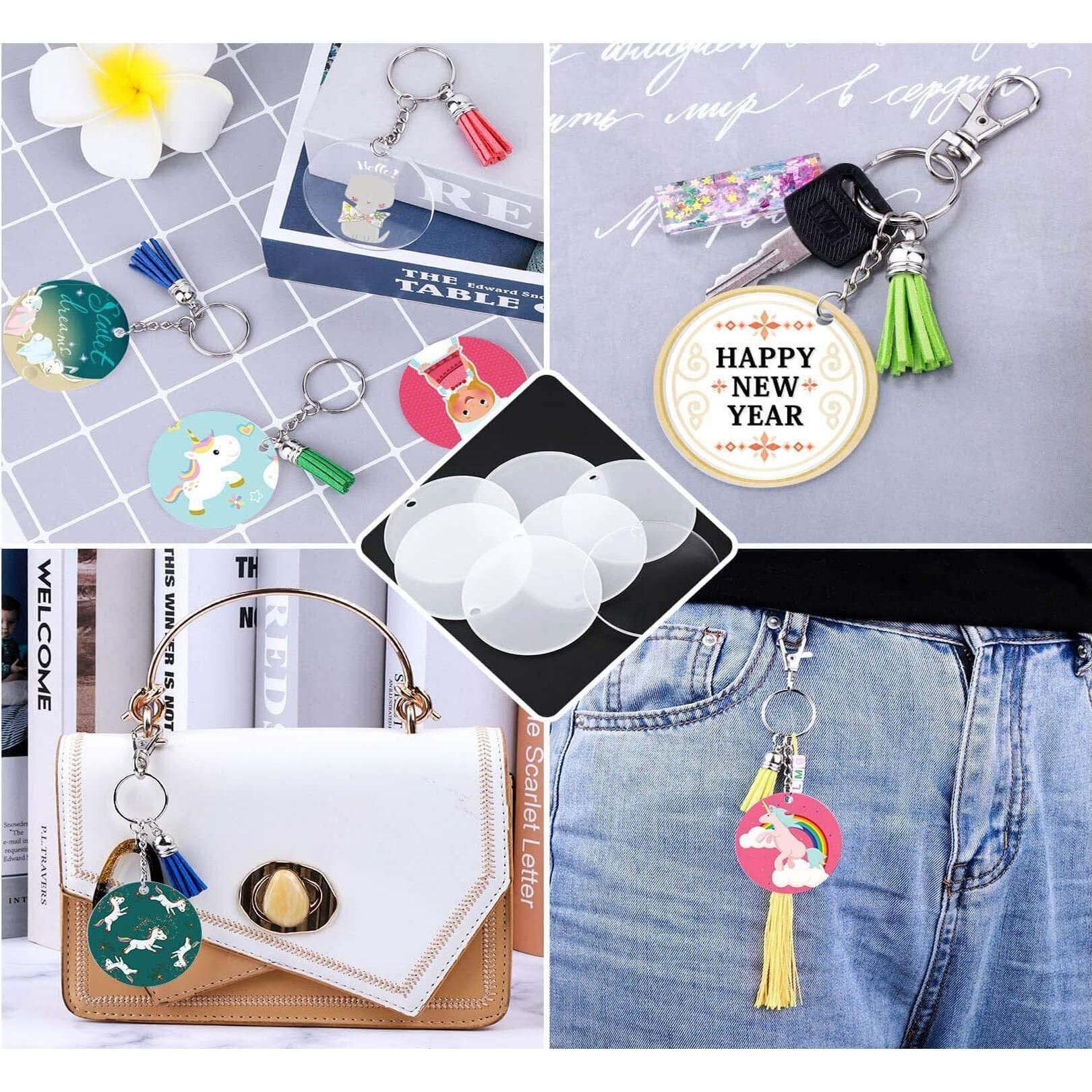Diy Crafts 6 Pcs, K C Gold, Acrylic Keychain Blank Tassel Set Including Acrylic Circle Disc Ornament Blanks Key Rings With Chain Jump Rings Keychain Tassels Screw (6 Pcs, K C Gold)