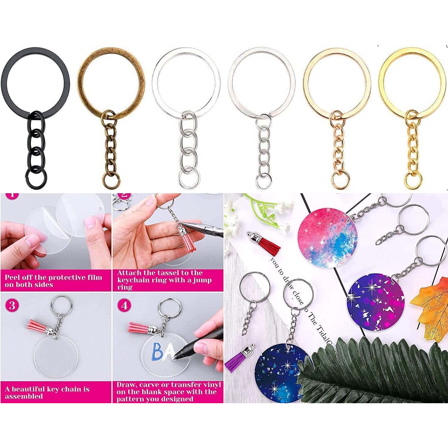 Diy Crafts 6 Pcs, K C Gold, Acrylic Keychain Blank Tassel Set Including Acrylic Circle Disc Ornament Blanks Key Rings With Chain Jump Rings Keychain Tassels Screw (6 Pcs, K C Gold)