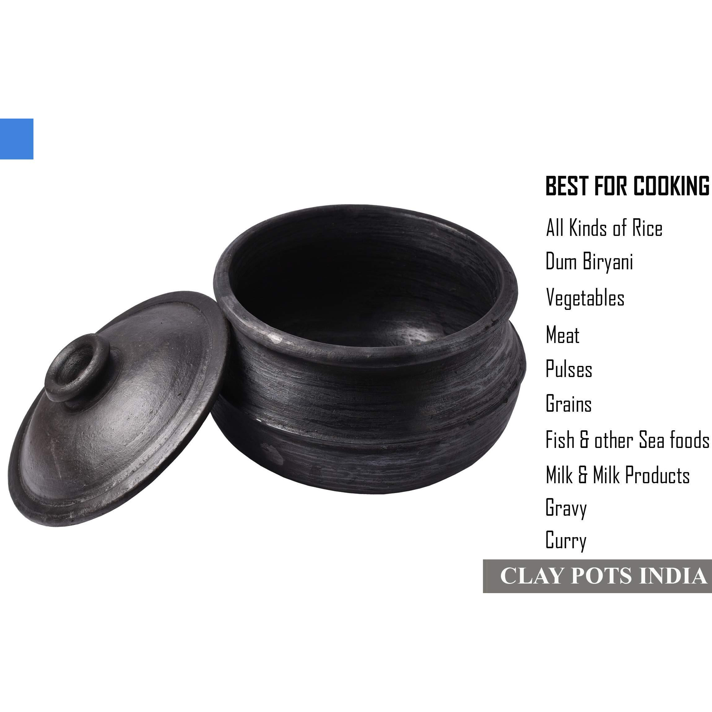 Clay Pots India Deep Burned Black- Earthen Cookware/Clay Pot For Cooking And Serving/Handmade Traditional Pottery-Natural Black 5 Liter With Lid