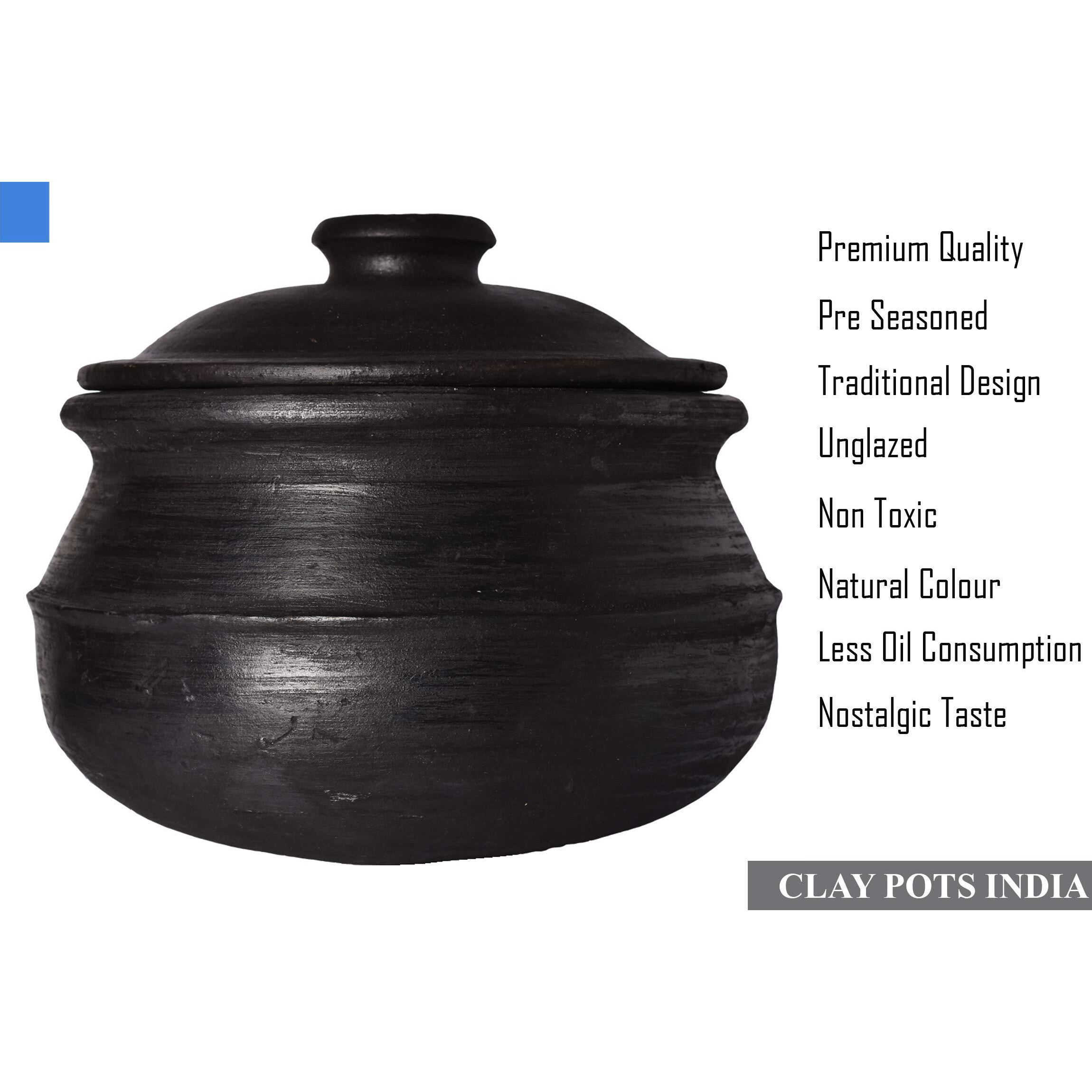 Clay Pots India Deep Burned Black- Earthen Cookware/Clay Pot For Cooking And Serving/Handmade Traditional Pottery-Natural Black 5 Liter With Lid