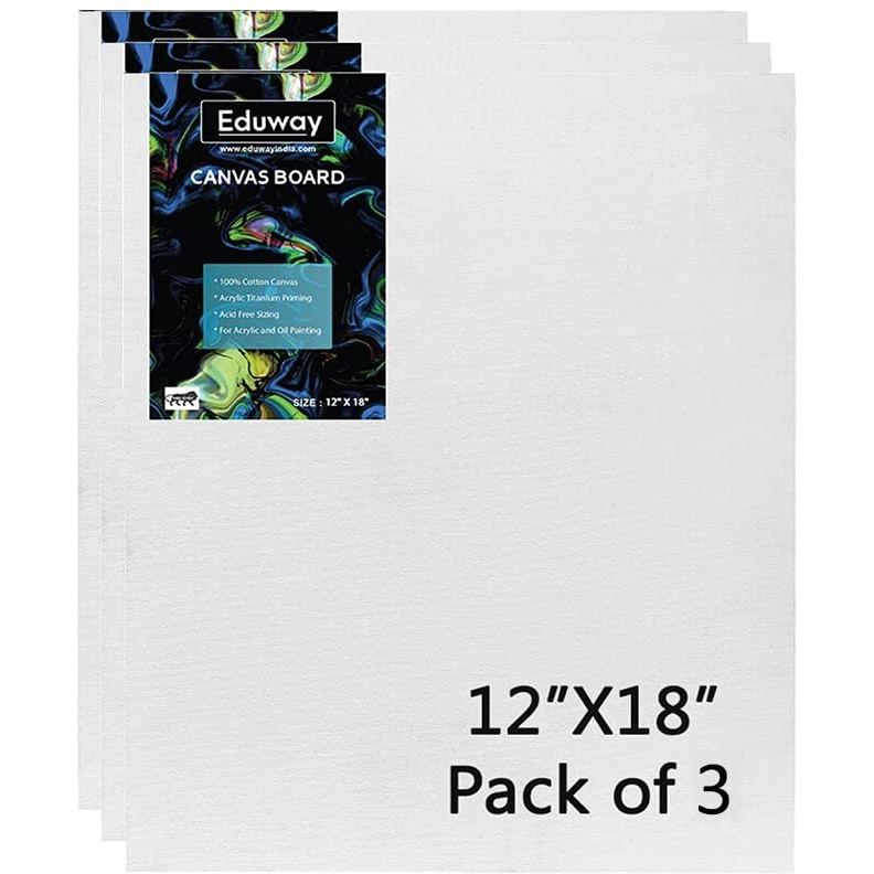 Eduway Canvas Board For Painting- (12X18) | Premium Quality 7Oz Pre-Primed Cotton Canvas Board For Artists & Beginners | Ideal For Acrylic, Oil, Gouache, Pastels Colors (Pack Of 3) (30X45 Cms)