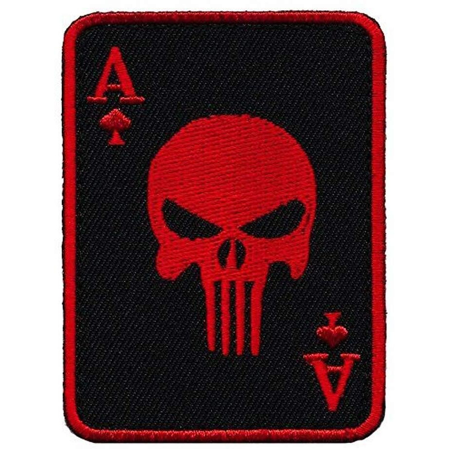 Motohog Unique Embroidered Iron & Sew On Patch (Skull Of Aces) (Red) 3.5X2.6 Inches