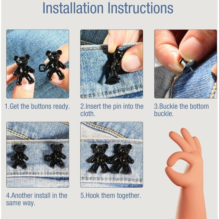 Godfly Teddy Bear Jeans Button Pins No Sew Detachable Waist Body Fit Tighten Buckles Perfect Gifts For Women Girls Skirt Pant Jeans Metal(2-Pair)(Black Bear)