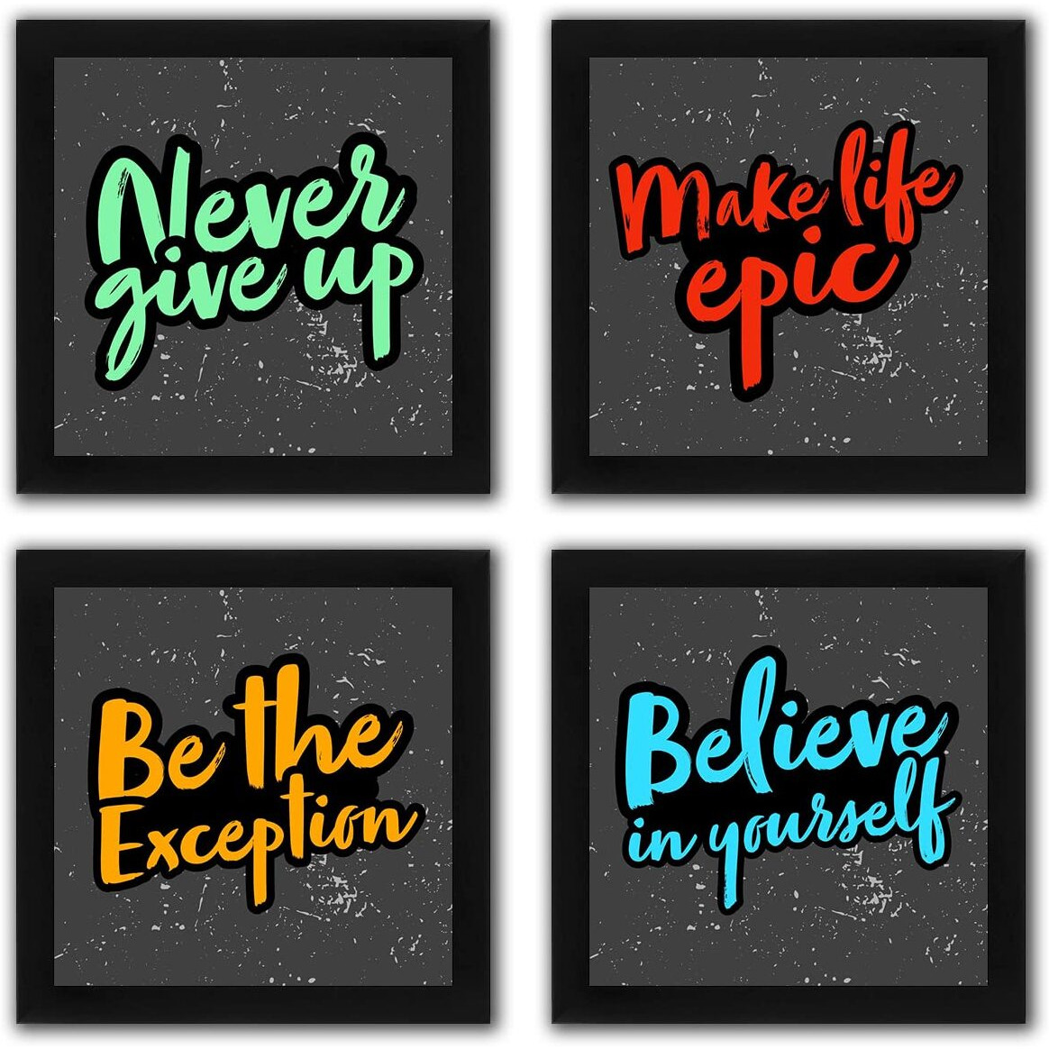 Interio Crafts Synthetic Wood Home Decor Never Give Up Motivational Short Quotes Framed Poster For Office Wall Decor, Set Of 4 Inspirational Framed Posters (Frame Size 9 X 9 Inches)- Pack Of 4