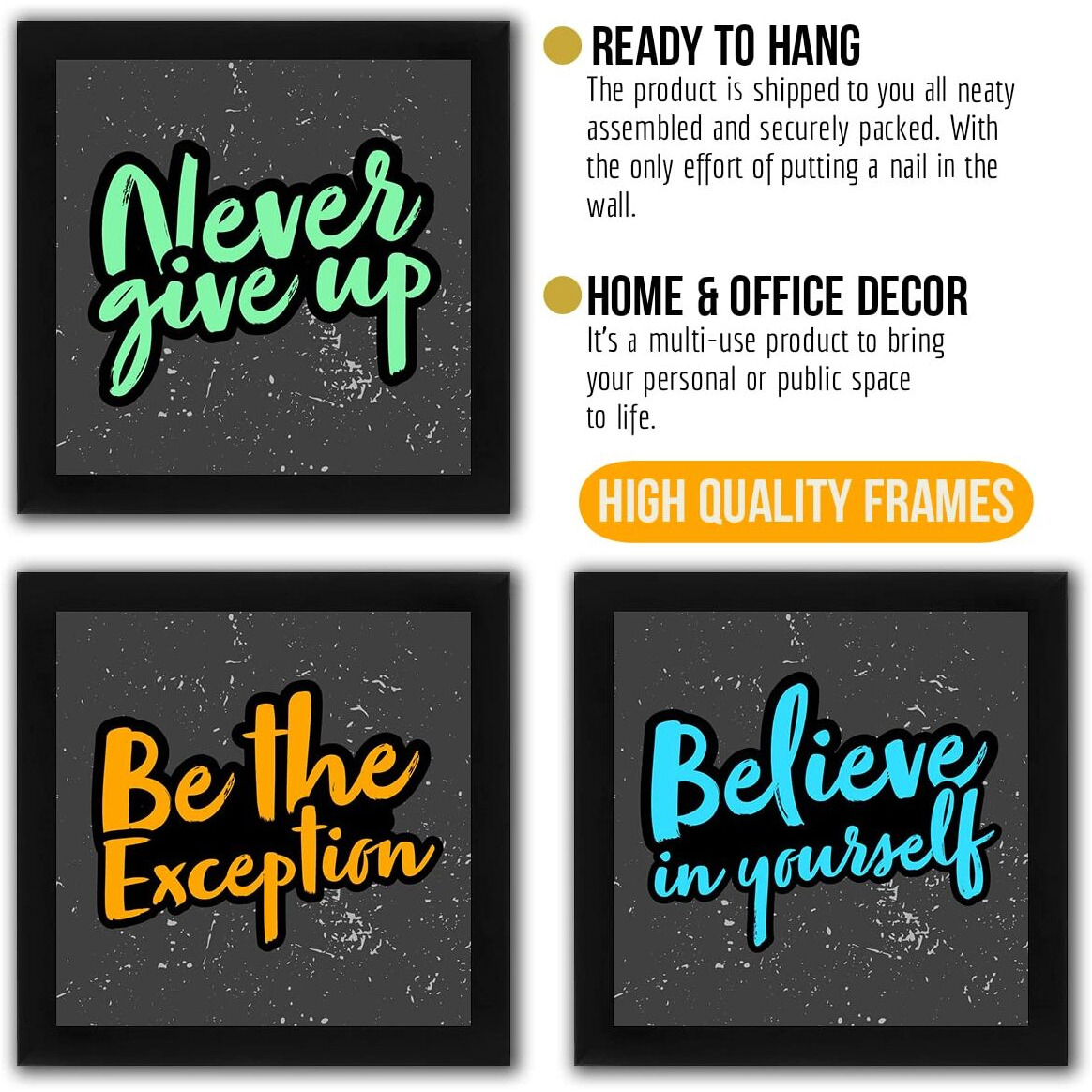 Interio Crafts Synthetic Wood Home Decor Never Give Up Motivational Short Quotes Framed Poster For Office Wall Decor, Set Of 4 Inspirational Framed Posters (Frame Size 9 X 9 Inches)- Pack Of 4