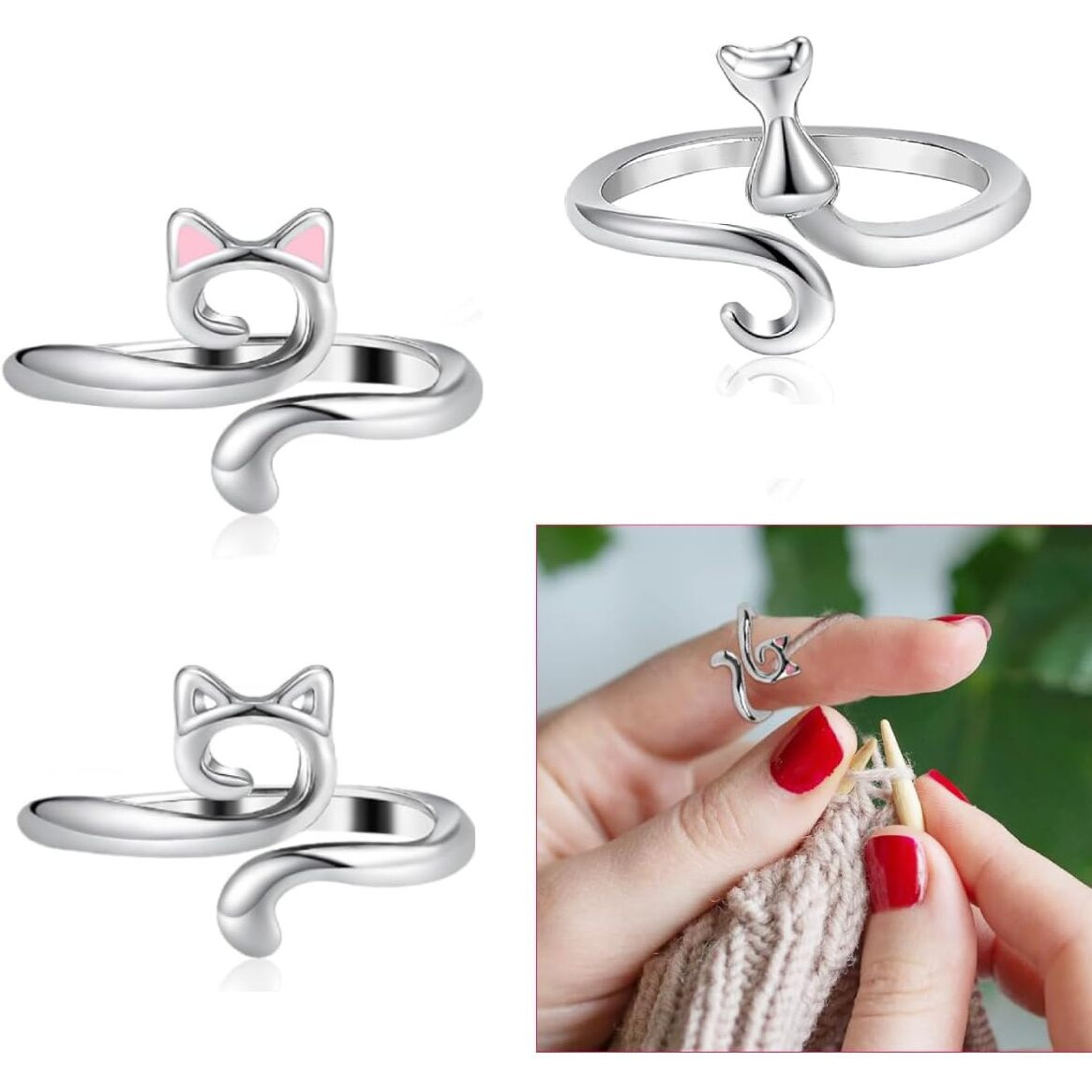Hasthip 3Pcs Crochet Rings For Tension Cute Cat Ring Adjustable Crochet Ring For Finger Metal Open Yarn Guide Crochet Rings Braided Faster Knitting Accessories For Crochet Mother Grandma Gifts