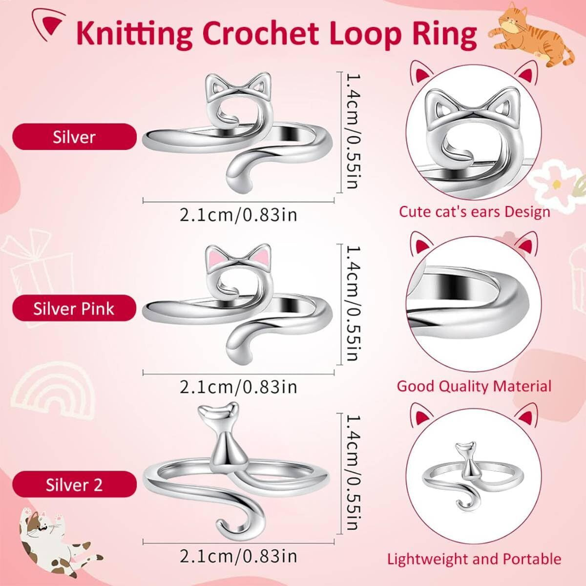 Hasthip 3Pcs Crochet Rings For Tension Cute Cat Ring Adjustable Crochet Ring For Finger Metal Open Yarn Guide Crochet Rings Braided Faster Knitting Accessories For Crochet Mother Grandma Gifts