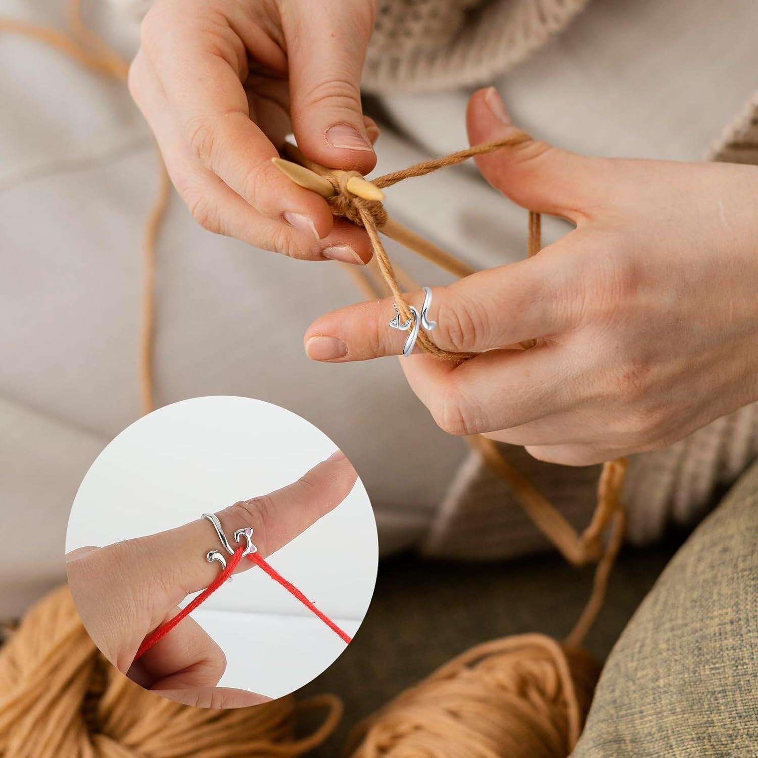 Hasthip 3Pcs Crochet Rings For Tension Cute Cat Ring Adjustable Crochet Ring For Finger Metal Open Yarn Guide Crochet Rings Braided Faster Knitting Accessories For Crochet Mother Grandma Gifts