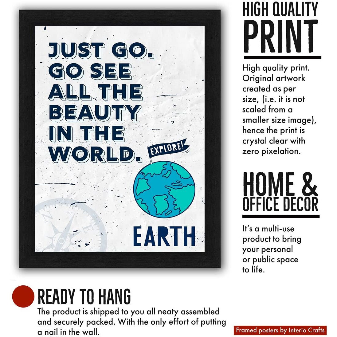 Interio Crafts Just Go Motivational Quote Framed Poster For Home Decor, Inspirational Travel Decor,Black (Frame Size 13&quotX10" Inches)