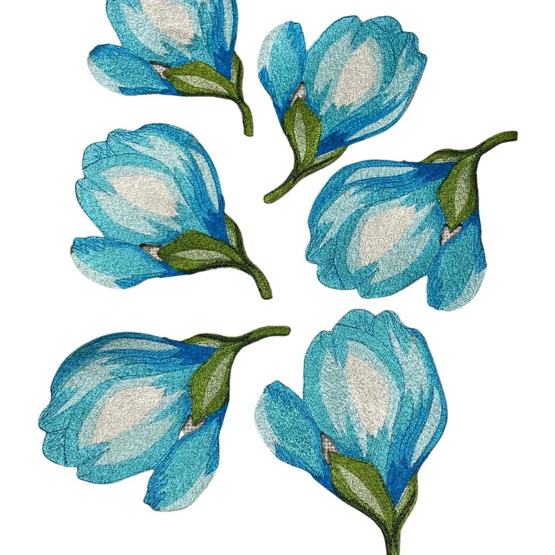 Garaan - Machine Embroidered Applique, Embroidery Patch, Sew On Patches, Diy Projects, Magnolia Bud Blue (Pack Of 6)