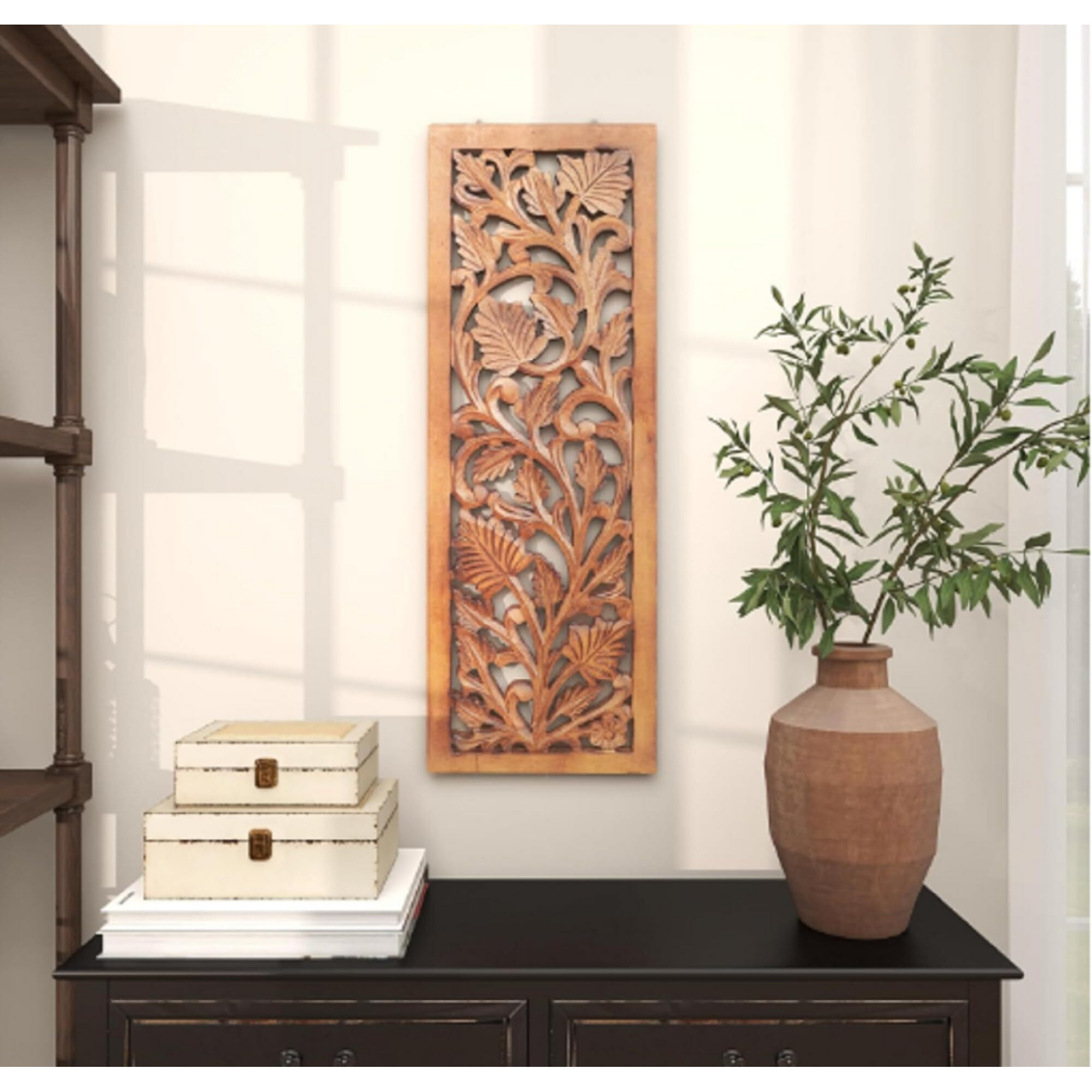Xelda Handcrafted Wooden Wall Decor Panel - 30X90 Cm Leaf Design Wall Hanging Plaque For Living Room, Bedroom, Office, And Home Decoration (Pack Of 2)