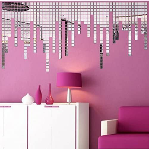 Meraki Mart Wall Stickers Square Non Glass 3D Acrylic Mirror Self Adhesive Diy Snake Tiles Wall Design Decor Art For Home, Bedroom, Office, Garden And Washroom - 10.16X10.16 Cm,100 Pcs (Silver)