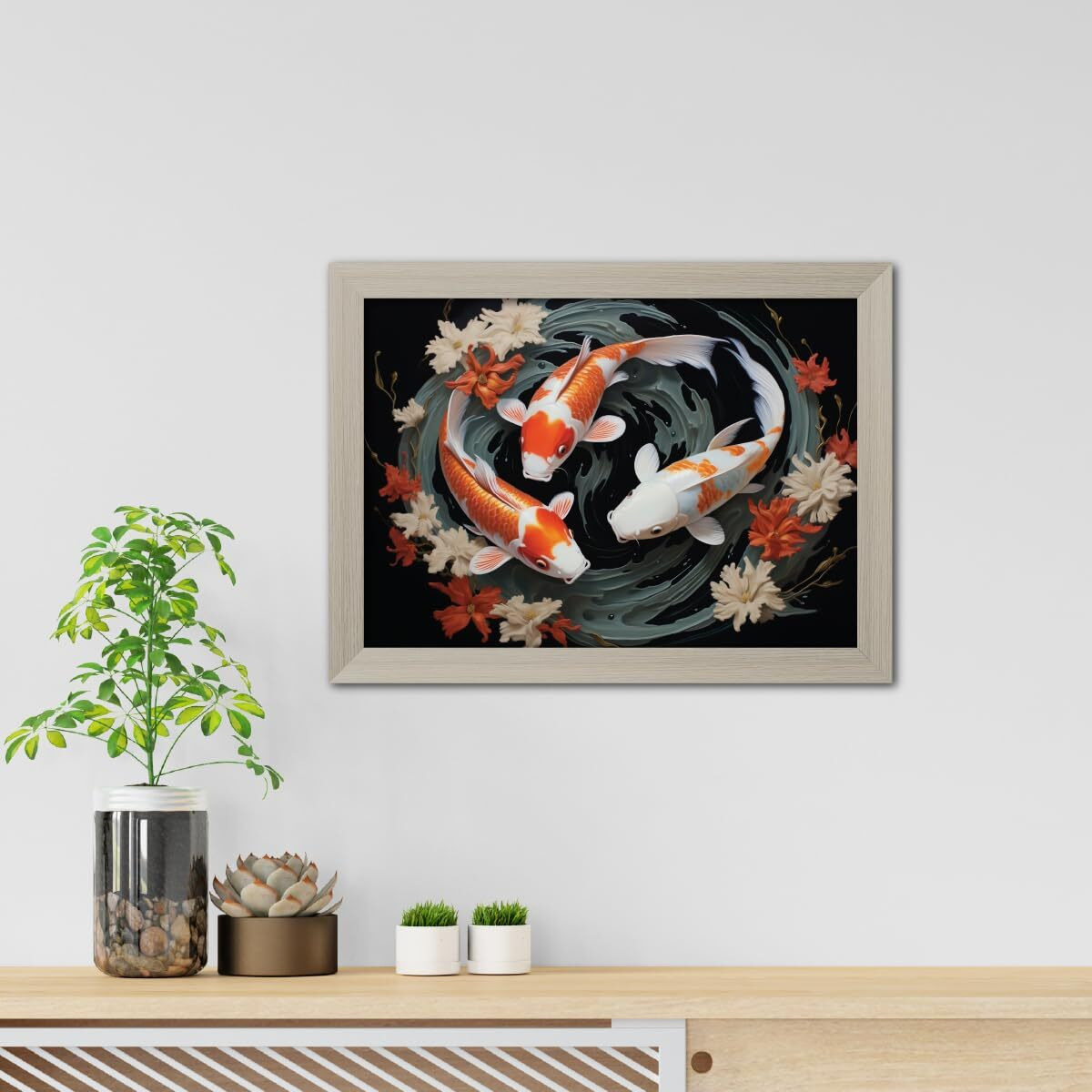 Tenorarts Feng Shui Koi Fish Photo Frame Vastu Abstract Modern Art Framed Aesthetic Wall Painting With White Wooden Texture For Living Rooms Bedroom Office - Paintings/Hangings (12Inches X 9Inches)
