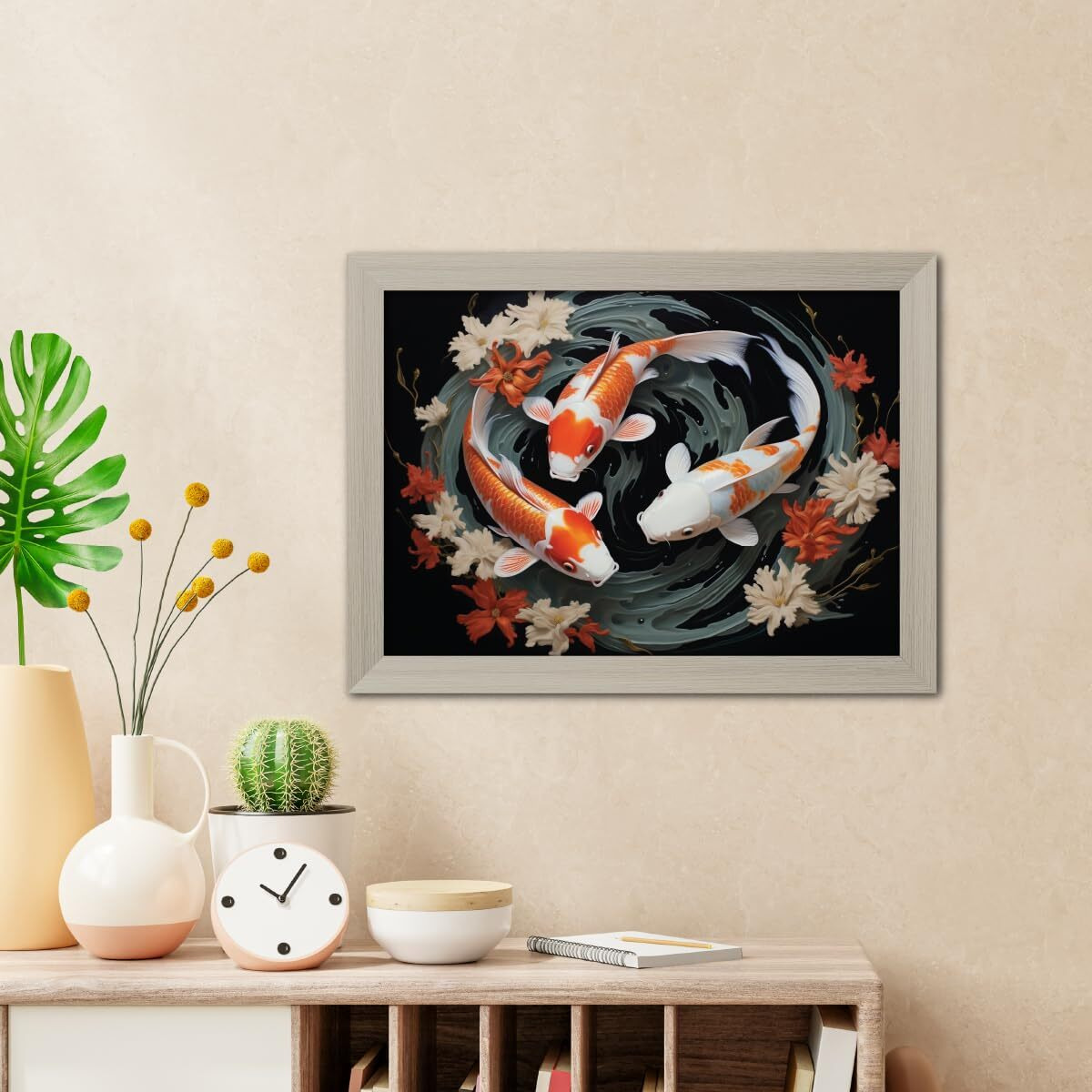 Tenorarts Feng Shui Koi Fish Photo Frame Vastu Abstract Modern Art Framed Aesthetic Wall Painting With White Wooden Texture For Living Rooms Bedroom Office - Paintings/Hangings (12Inches X 9Inches)