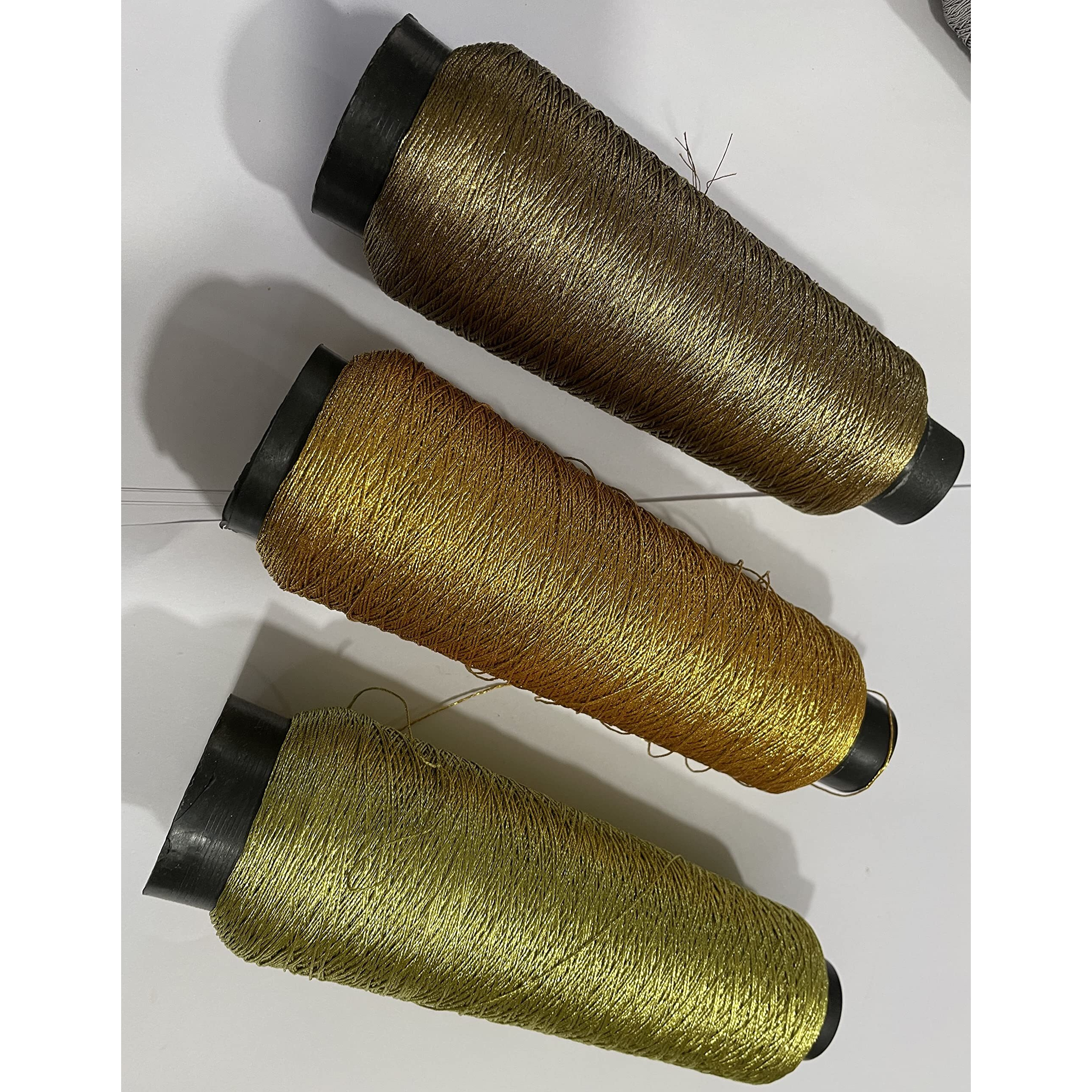 Omx 3 Colours, 500 Yards Each Colour - Total 1500 Yard, Metallic Zari Thread For Embroidery, Sewing And Jewelry Making, In Cone, 0.6Mm, 6 Strand Twisted Together (Gold, Lt Gold, Olive Gold)