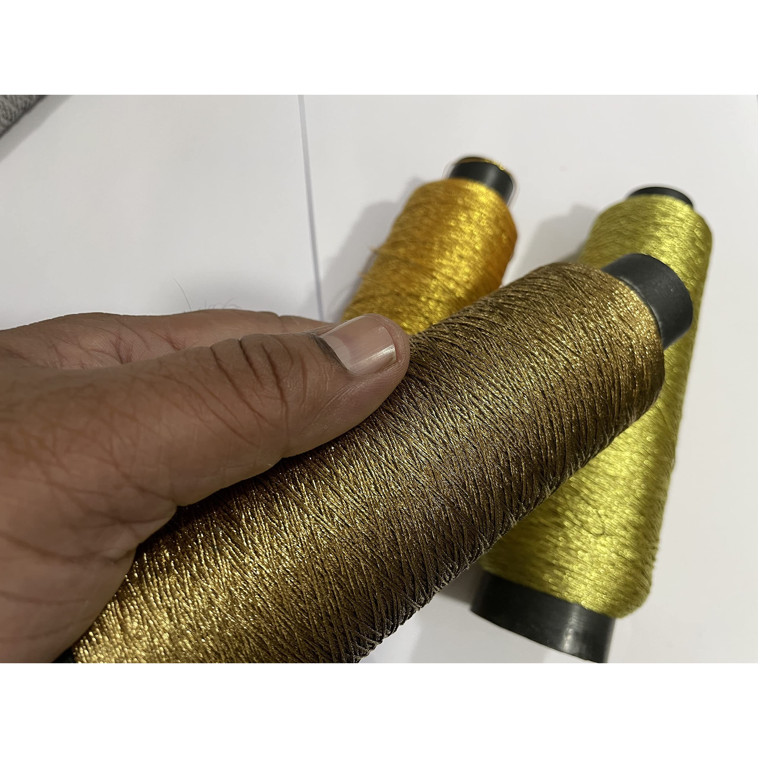 Omx 3 Colours, 500 Yards Each Colour - Total 1500 Yard, Metallic Zari Thread For Embroidery, Sewing And Jewelry Making, In Cone, 0.6Mm, 6 Strand Twisted Together (Gold, Lt Gold, Olive Gold)