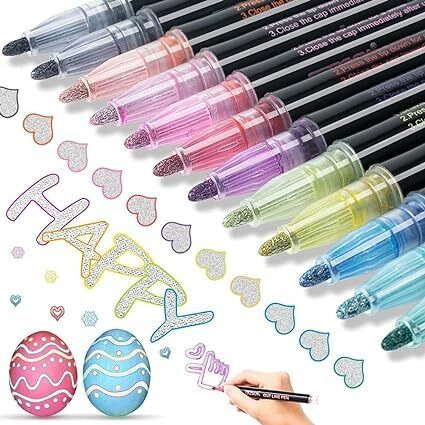 Eswuta Double Line Chisel Point Outline Pens, 12 Colors Self-Outline Glitter Writing Drawing Metallic Markers, Stationery For Gift Card Writing, Birthday Greeting, Scrap Booking