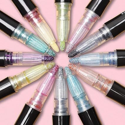 Eswuta Double Line Chisel Point Outline Pens, 12 Colors Self-Outline Glitter Writing Drawing Metallic Markers, Stationery For Gift Card Writing, Birthday Greeting, Scrap Booking