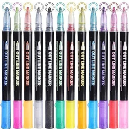 Eswuta Double Line Chisel Point Outline Pens, 12 Colors Self-Outline Glitter Writing Drawing Metallic Markers, Stationery For Gift Card Writing, Birthday Greeting, Scrap Booking