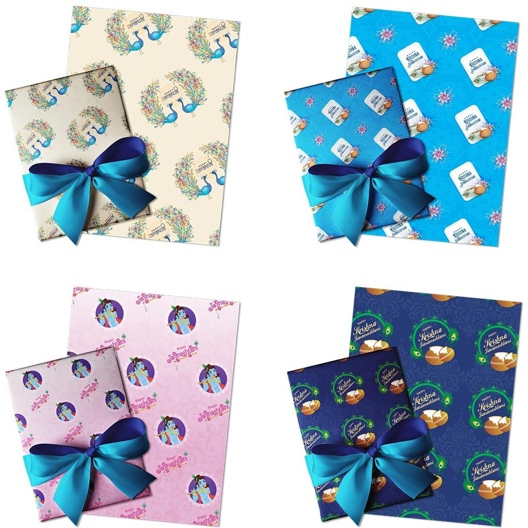 Festiko Happy Janmashtami Gift Wrapping Paper Sheets (12 Pcs - Combo Designs), Janmashtami Decoration Items