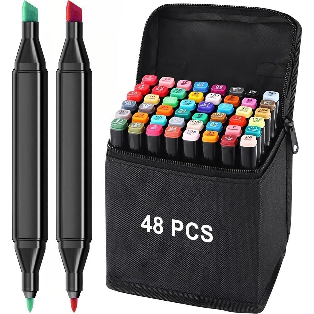 Eswuta 48 Pcs Dual Tip Alcohol Markers Set, Non-Toxic Art Supplies For Kids & Adults, Books Pen With Carry Case Set Colour Broad Drawing Sketching (Multicolor 48 Pcs Markers)