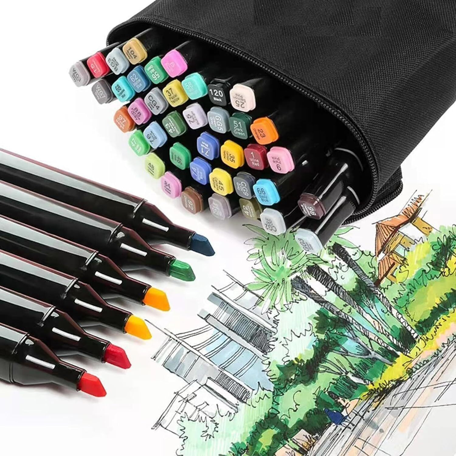 Eswuta 48 Pcs Dual Tip Alcohol Markers Set, Non-Toxic Art Supplies For Kids & Adults, Books Pen With Carry Case Set Colour Broad Drawing Sketching (Multicolor 48 Pcs Markers)