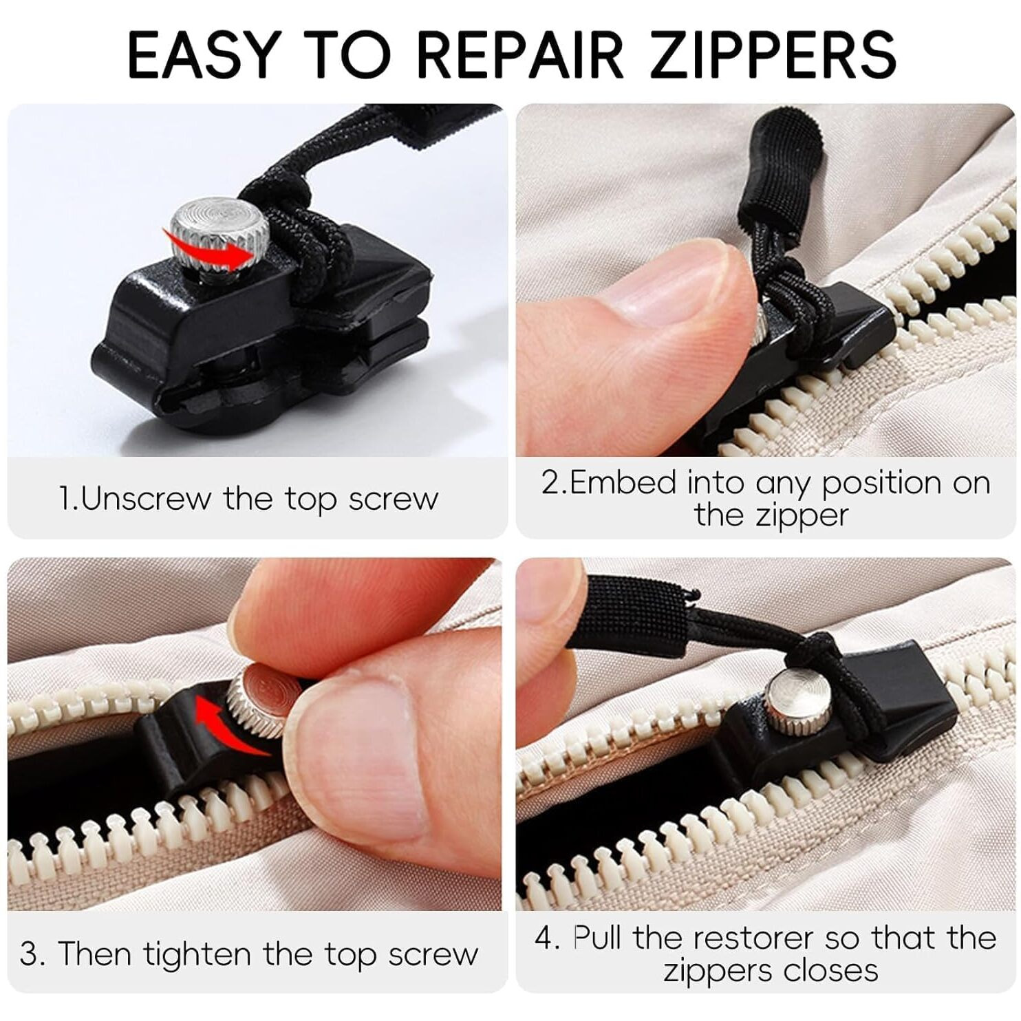 Peponz Zipper Repair Kit With Nylon Pull Tabs & Cords  Replacement Metal And Plastic Zipper Pulls For Sliding Teeth  Universal Screw Fix Removable Zippers For Bags, Garments & More_ (Pack Of 5)