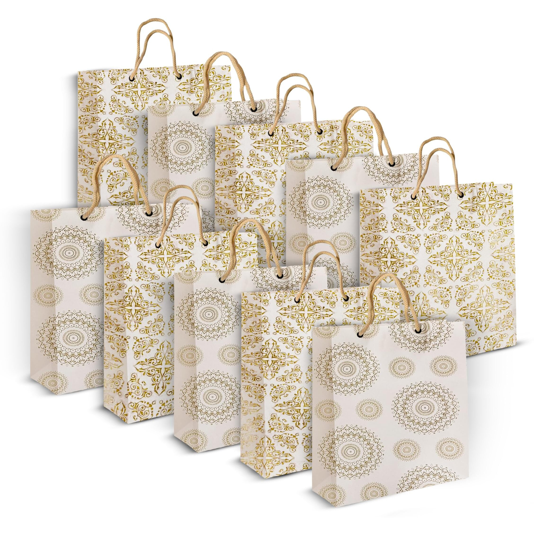 Kosy Printed Paper Bag  Stylish, Eco-Friendly Packaging For Every Occasion | Carry Bags For Birthday, Wedding, Anniversary. (White & Golden, Small Rectangle (Pack Of 10))